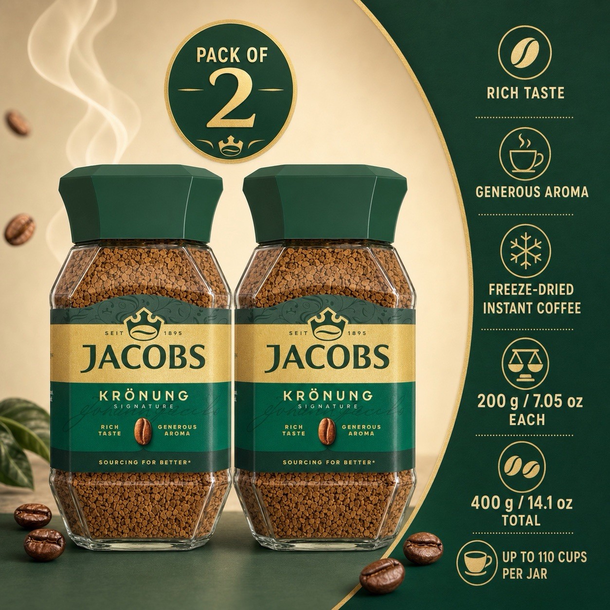 Jacobs Kronung Signature Instant Coffee Rich Taste 200g Pack of 2 Jars