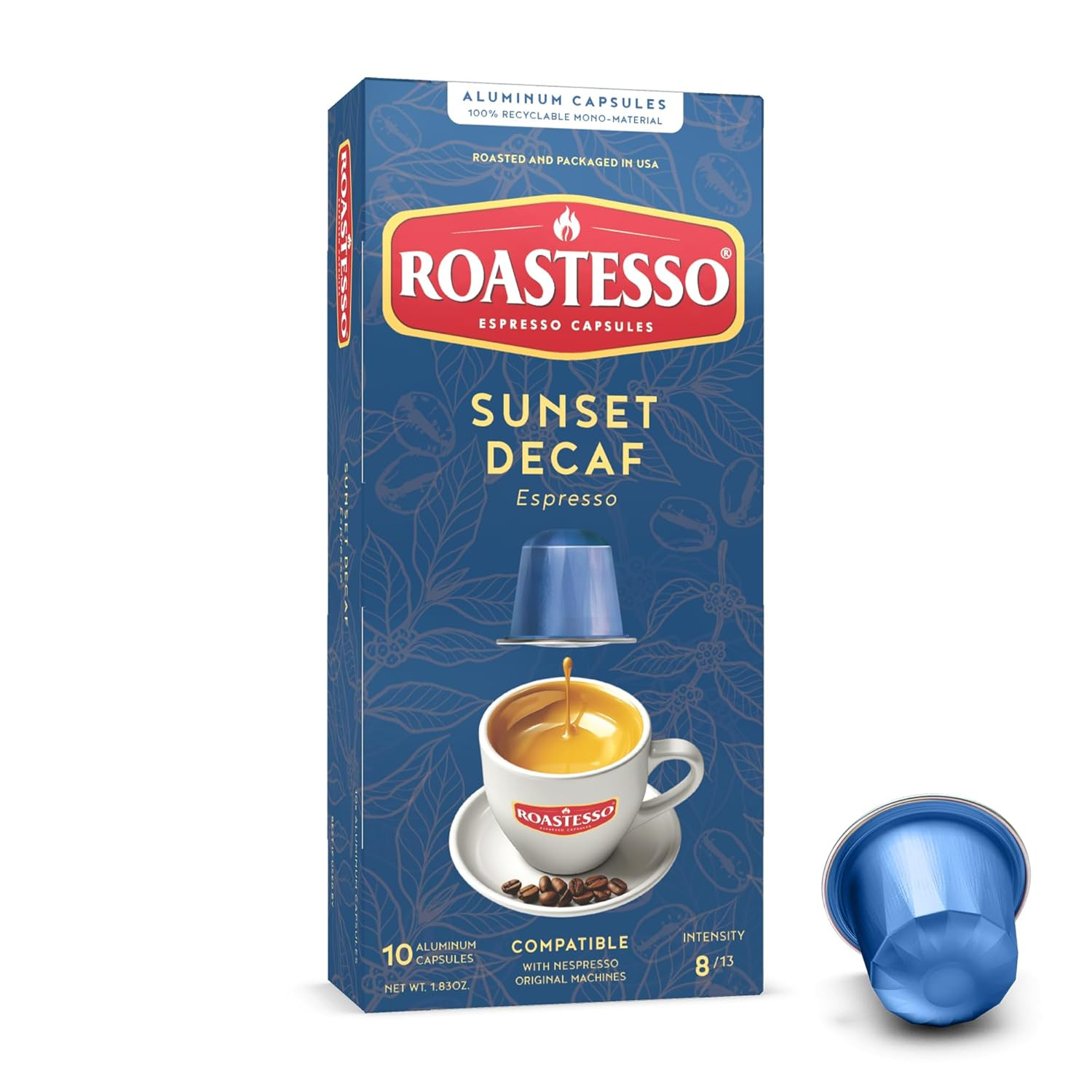 Roastesso, Aluminum Espresso Capsules, Sunset Decaf, Decaffeinated Pods, Compati