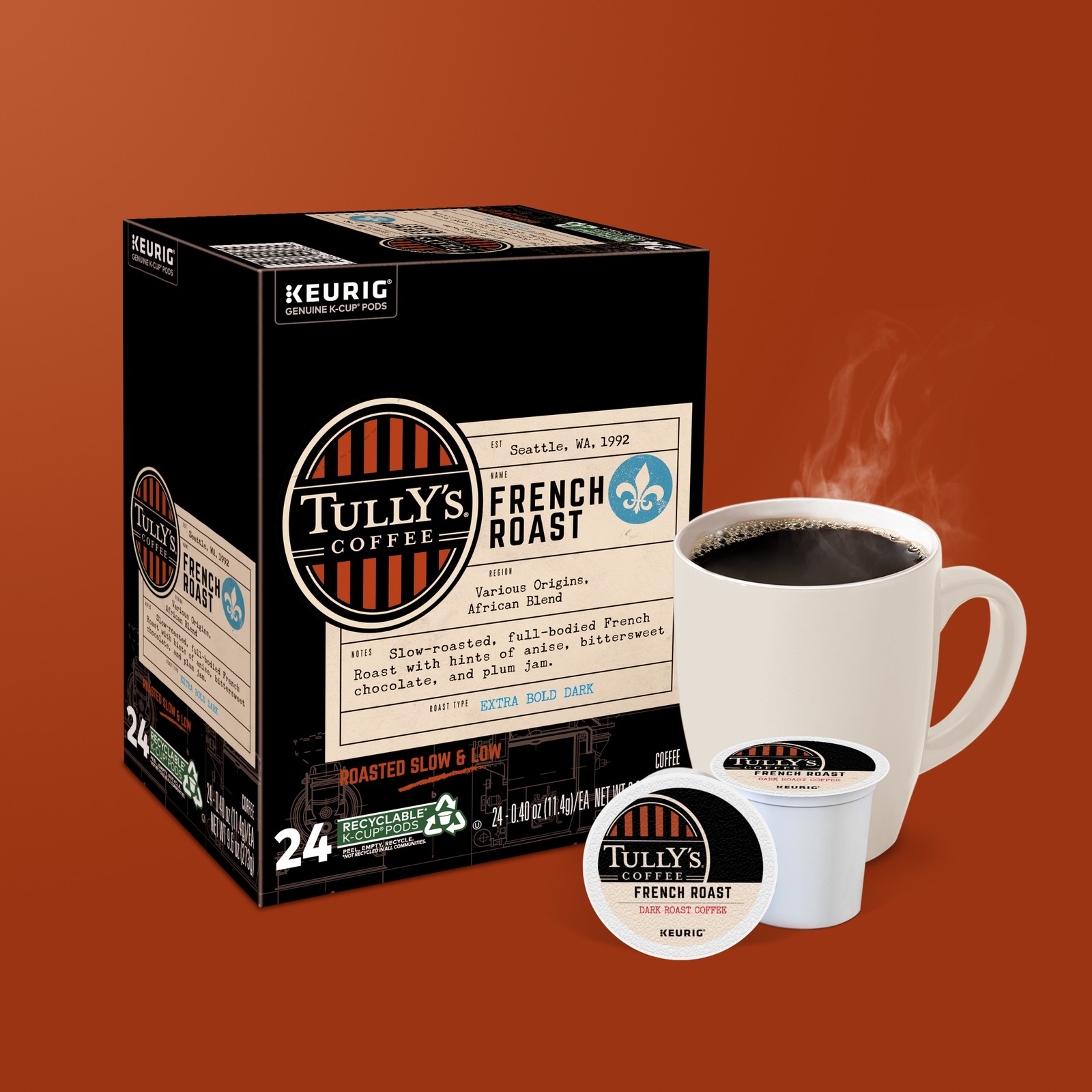 Tully’s Coffee, French Roast, Keurig K-Cup Pods, Dark Roast, 120 Count