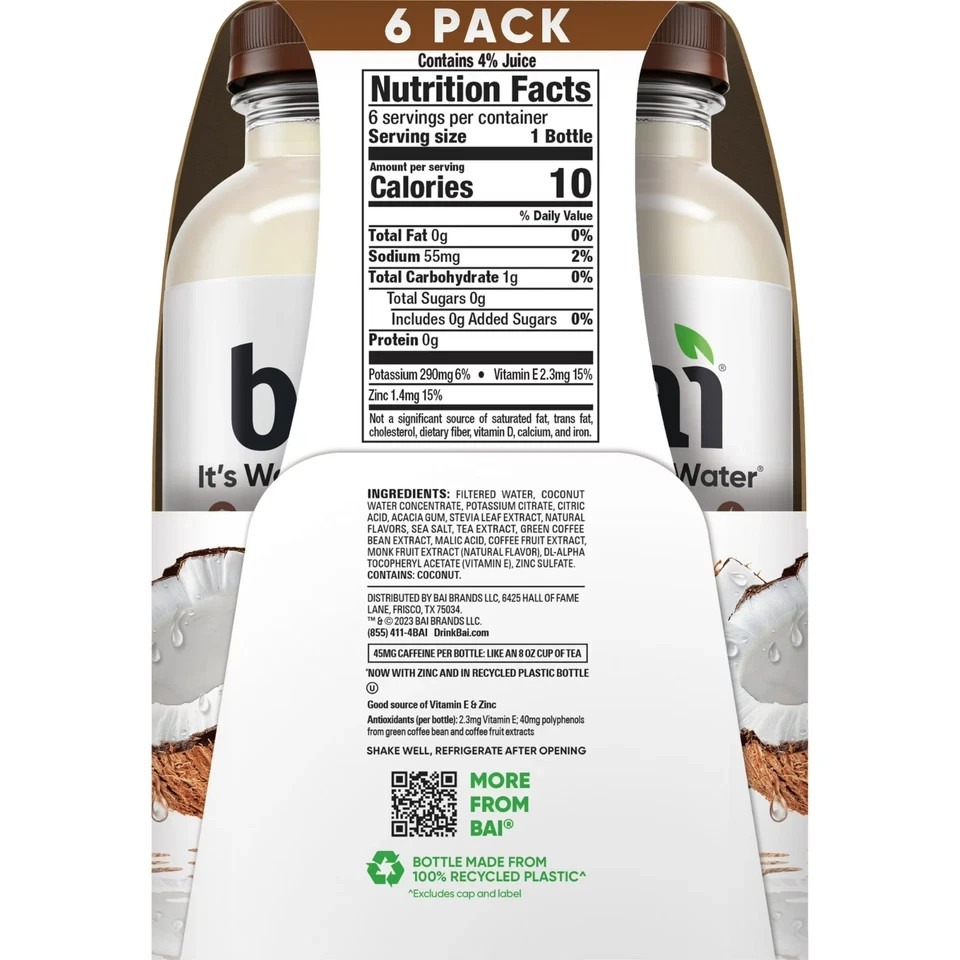 Bai Molokai Coconut Antioxidant Infused Water Beverage, 14 fl oz, 6 Pack BOTTLES