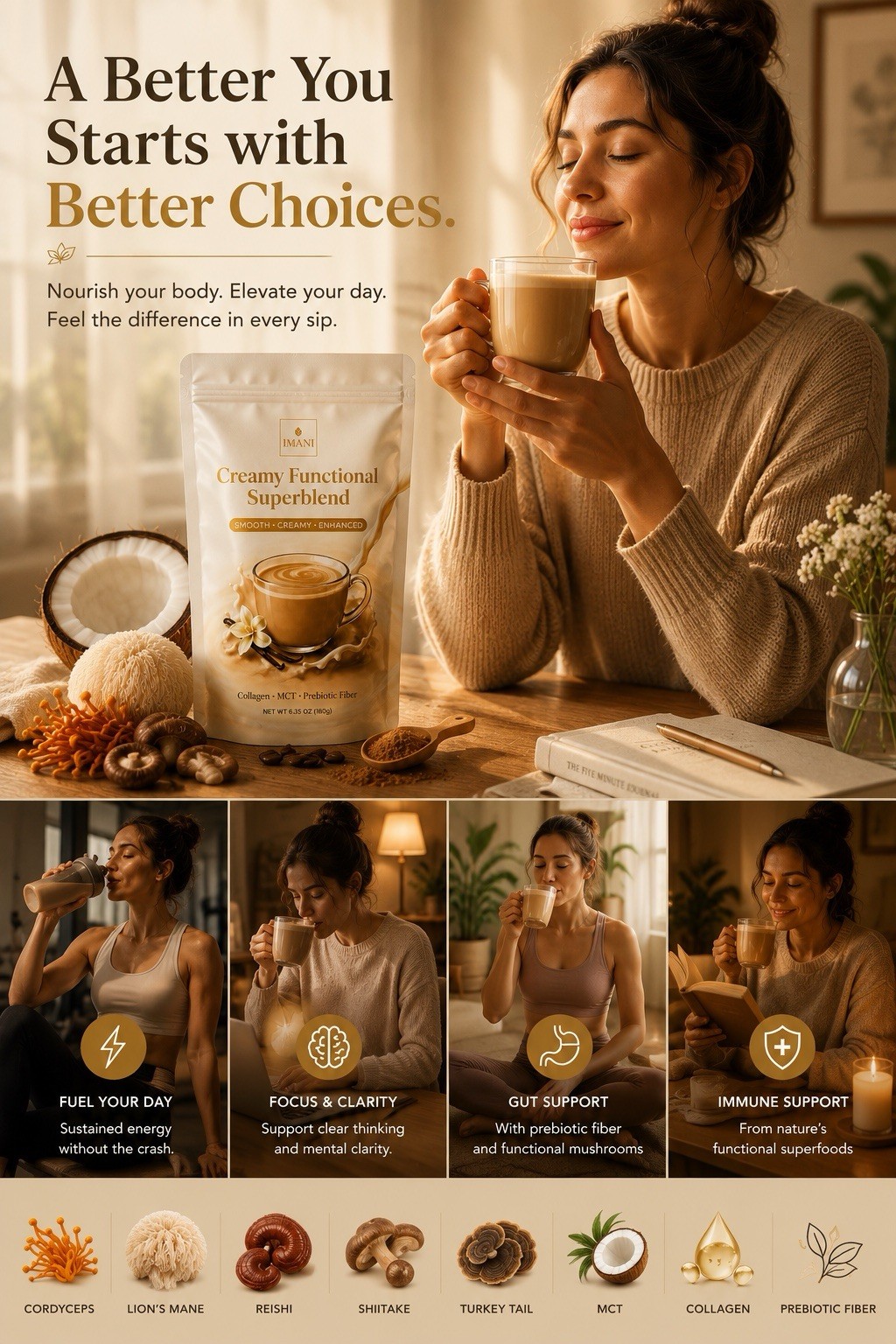 4-PACK Superfood Creamer Mushroom & Probiotics Vanilla Collagen Focus/energy/gut