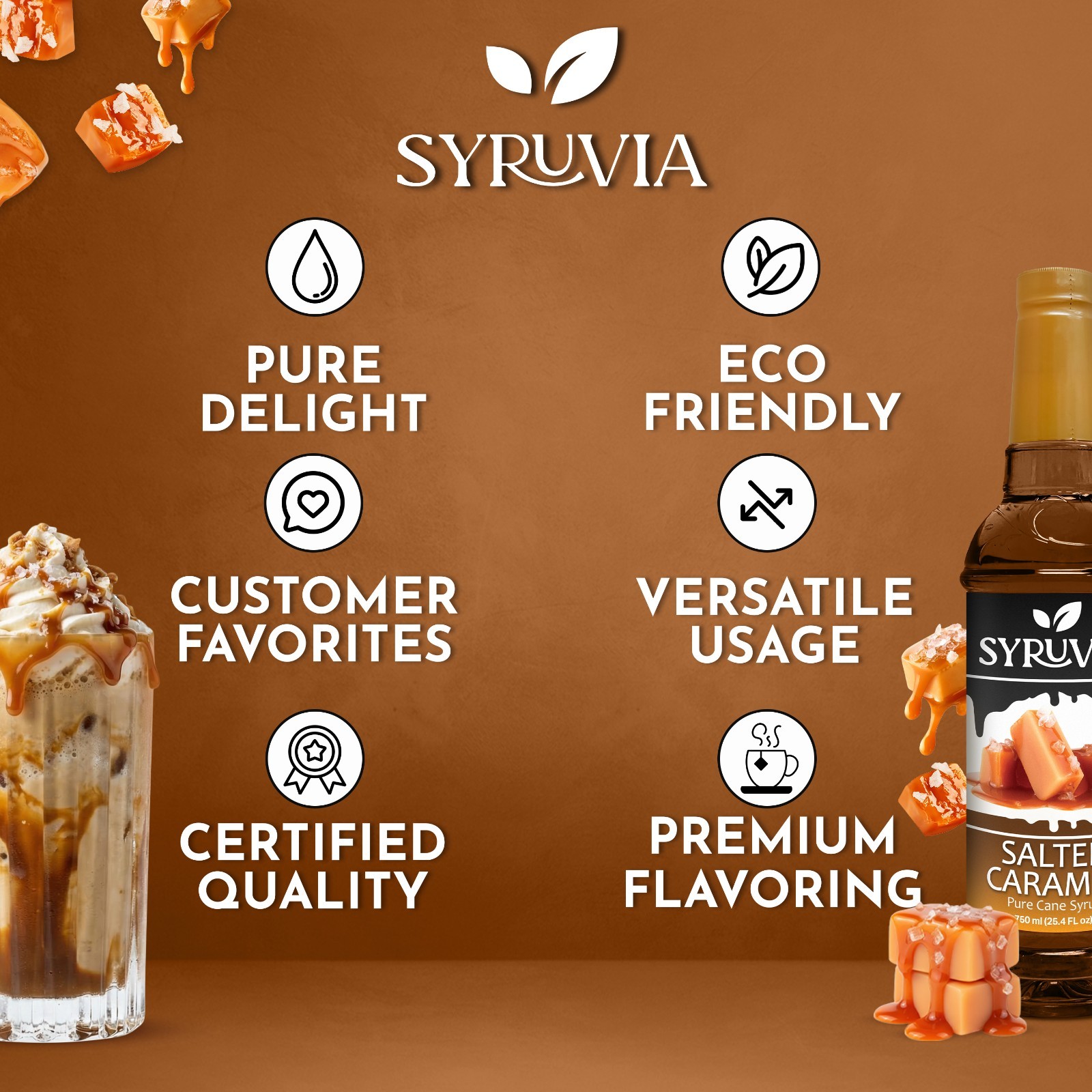 Syruvia Salted Caramel Coffee Syrup 25.4 fl oz, Kosher, Gluten-Free, for Lattes