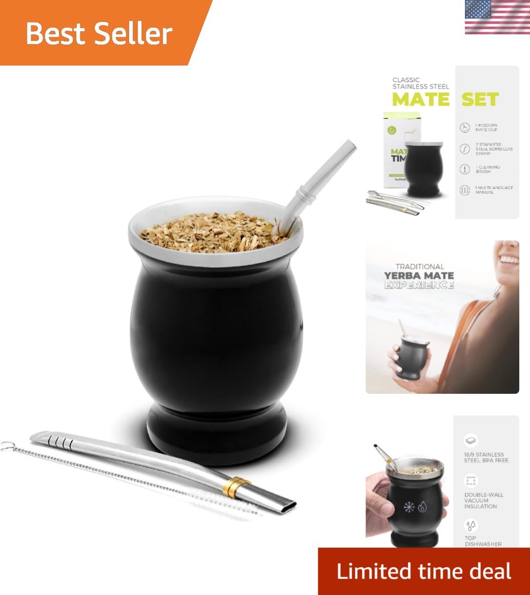 Modern Yerba Mate Experience: Stainless Steel Cup with 2 Bombillas – Gift Ready
