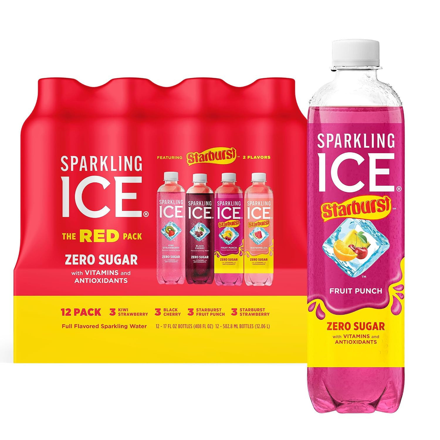 Sparkling Ice STARBURST Zero Sugar Flavored Sparkling Water, Pack 12
