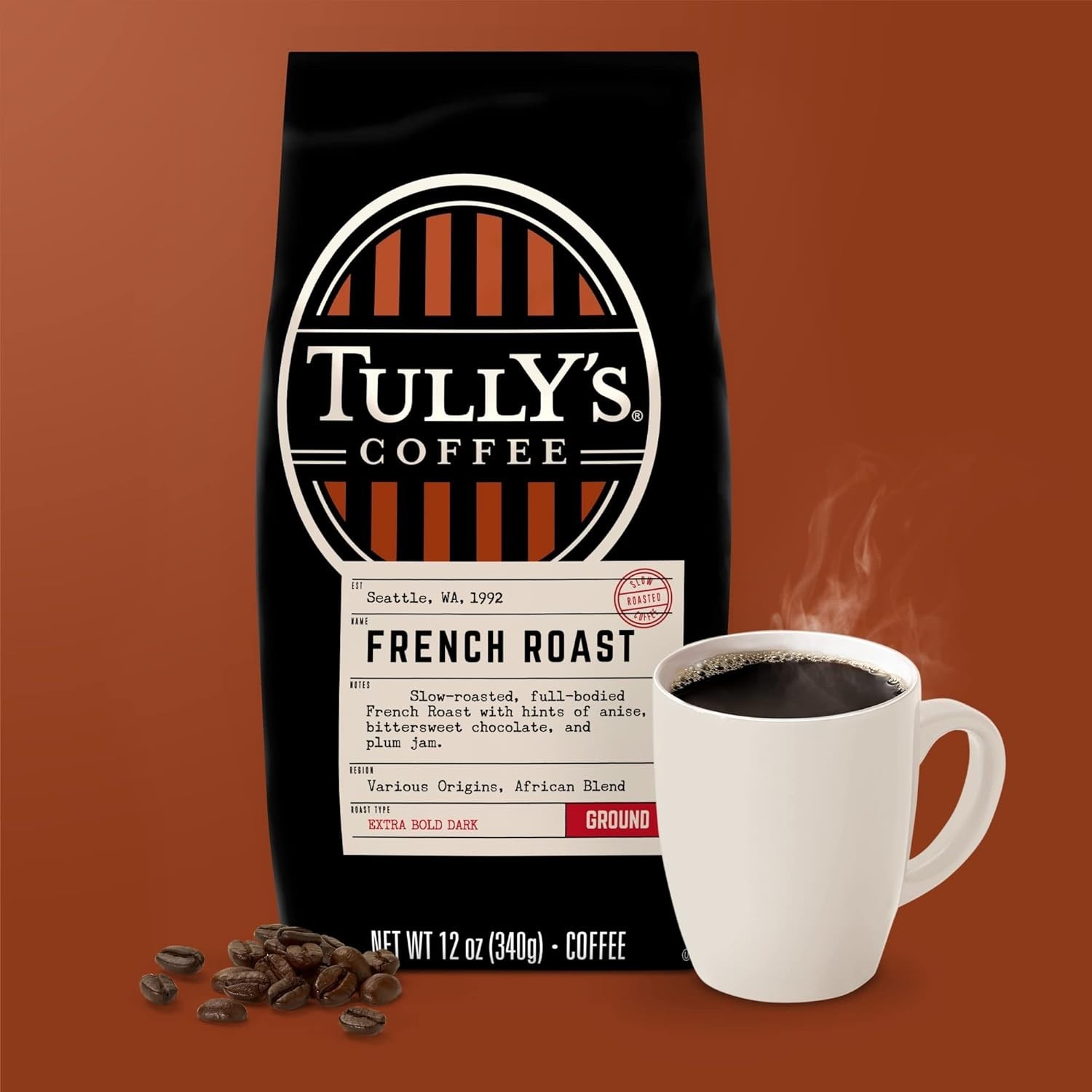 Tully’s Coffee French Roast, Ground Coffee, Dark Roast, Bagged 12oz (Pack of 3)