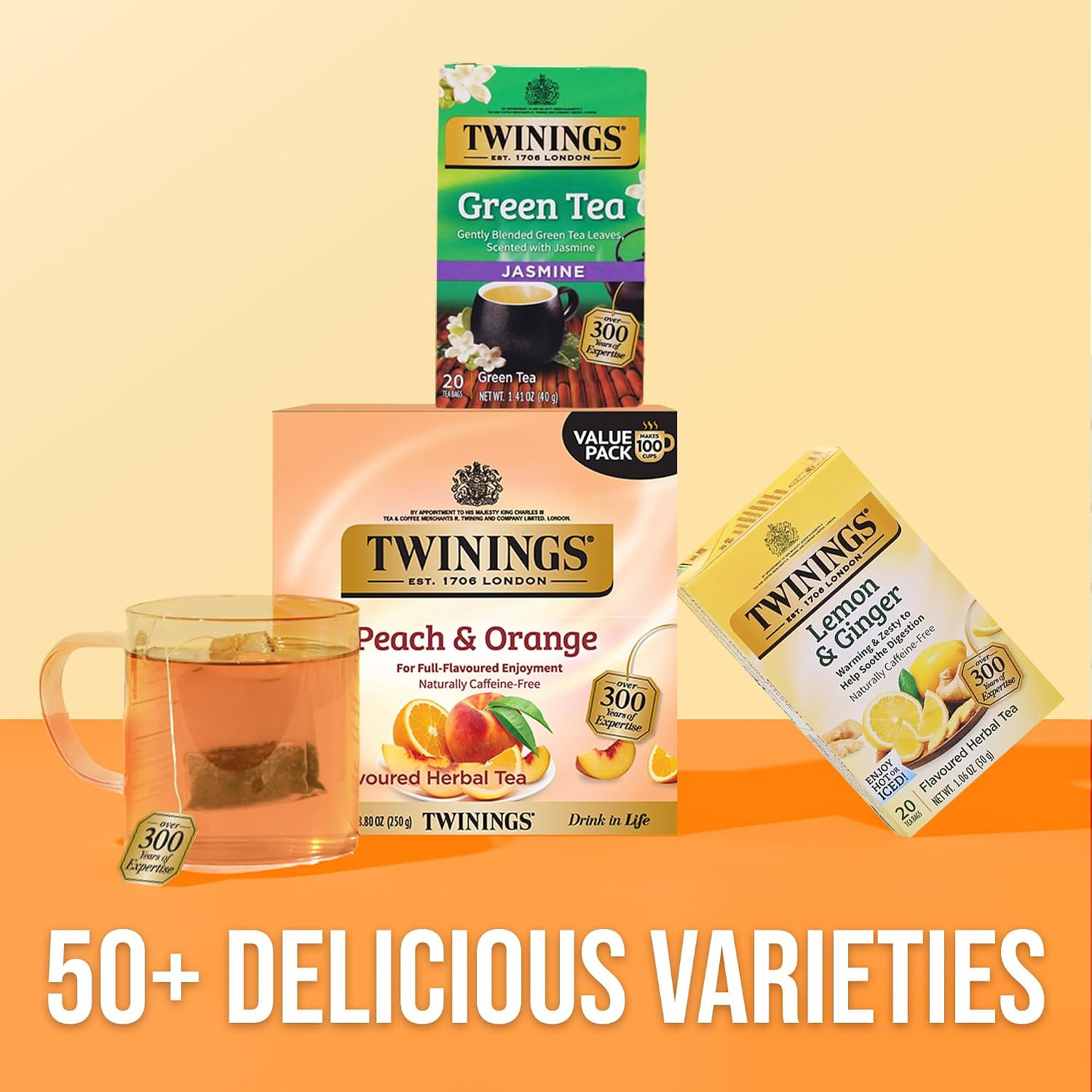 Twinings Peach & Orange Herbal Tea Individually Wrapped Bags, 100 Count (Pack of