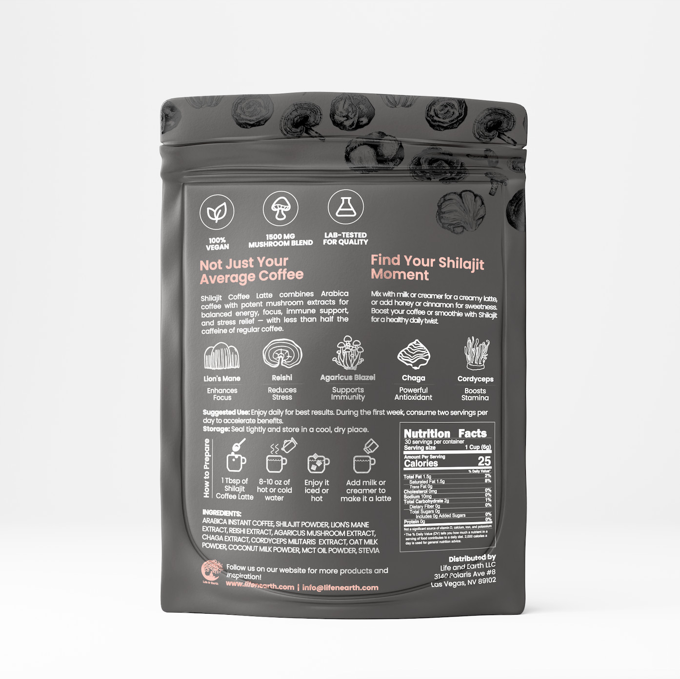 Black Gold Mushroom Coffee Latte With Shilajit Organic New 30 SERVINGS