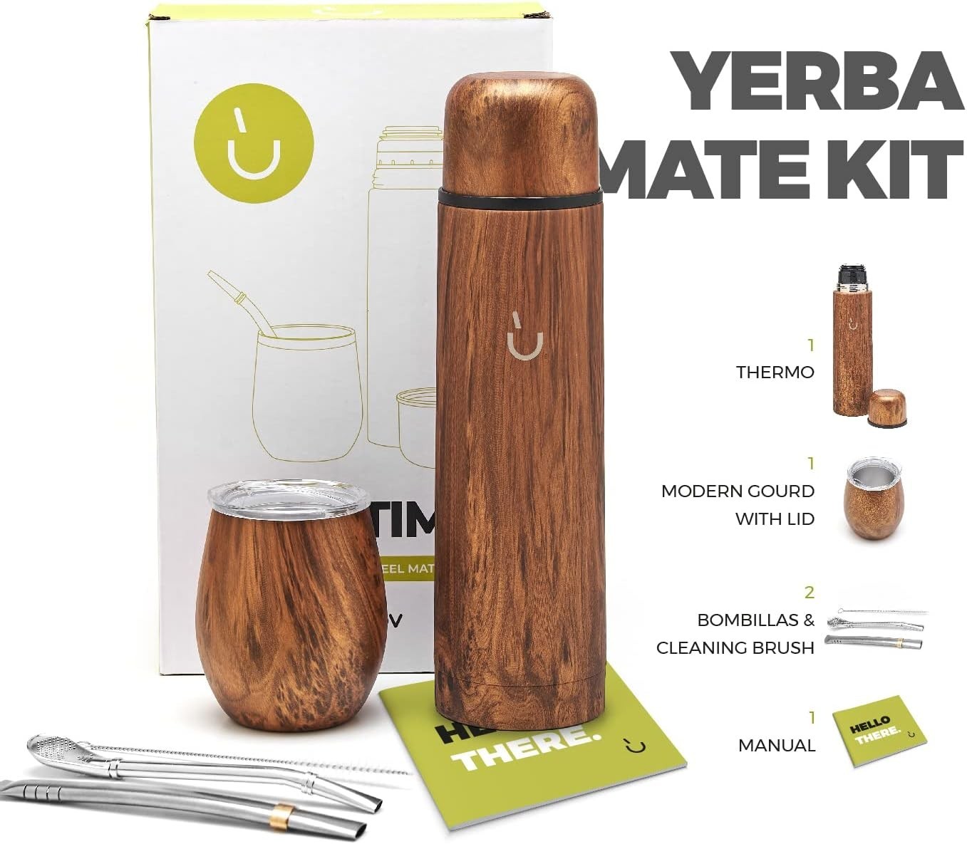 Complete Yerba Mate Set Modern Mate Gourd Thermal Flask Bombilla & Cleaning
