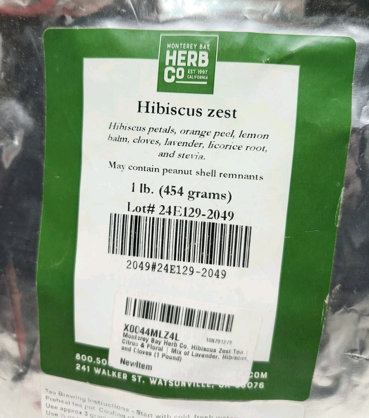 Monterey Bay Herb Co Hibiscus Zest Tea Leaves 1 lb EXP 05/0827 New (READ)
