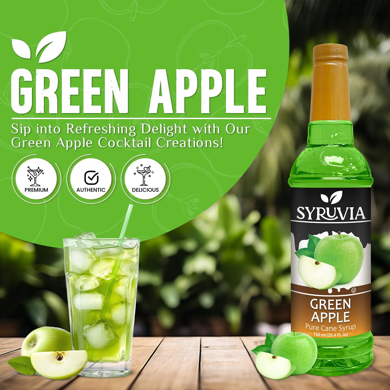 Syruvia Green Apple Syrup 25.4 fl oz, Kosher, Gluten-Free, Perfect for Drinks