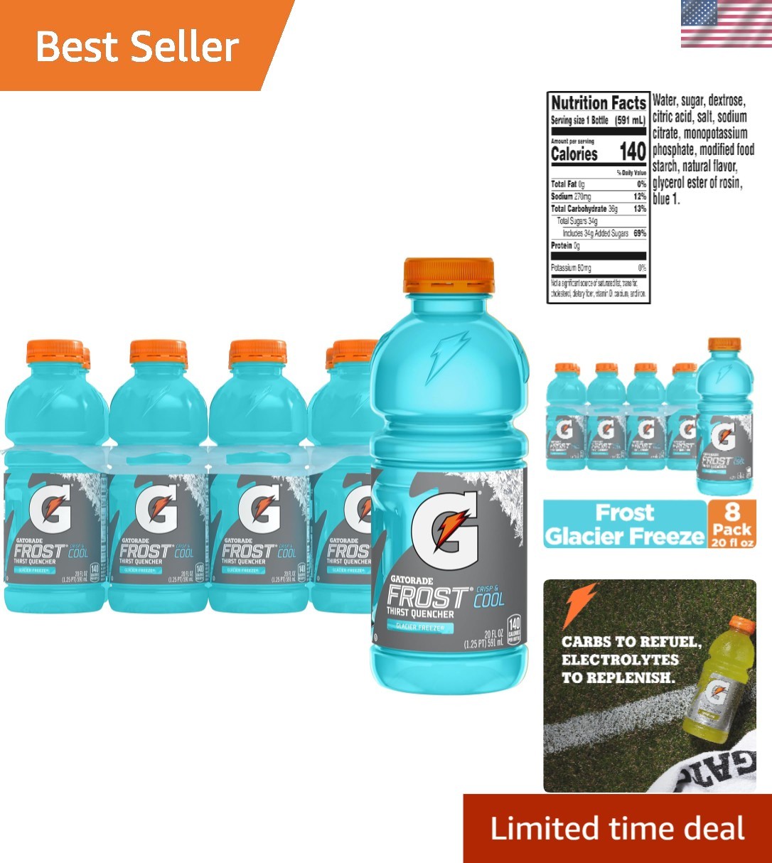 Gatorade Thirst Quencher, Glacier Freeze, 20 Fl Oz Pack of 8