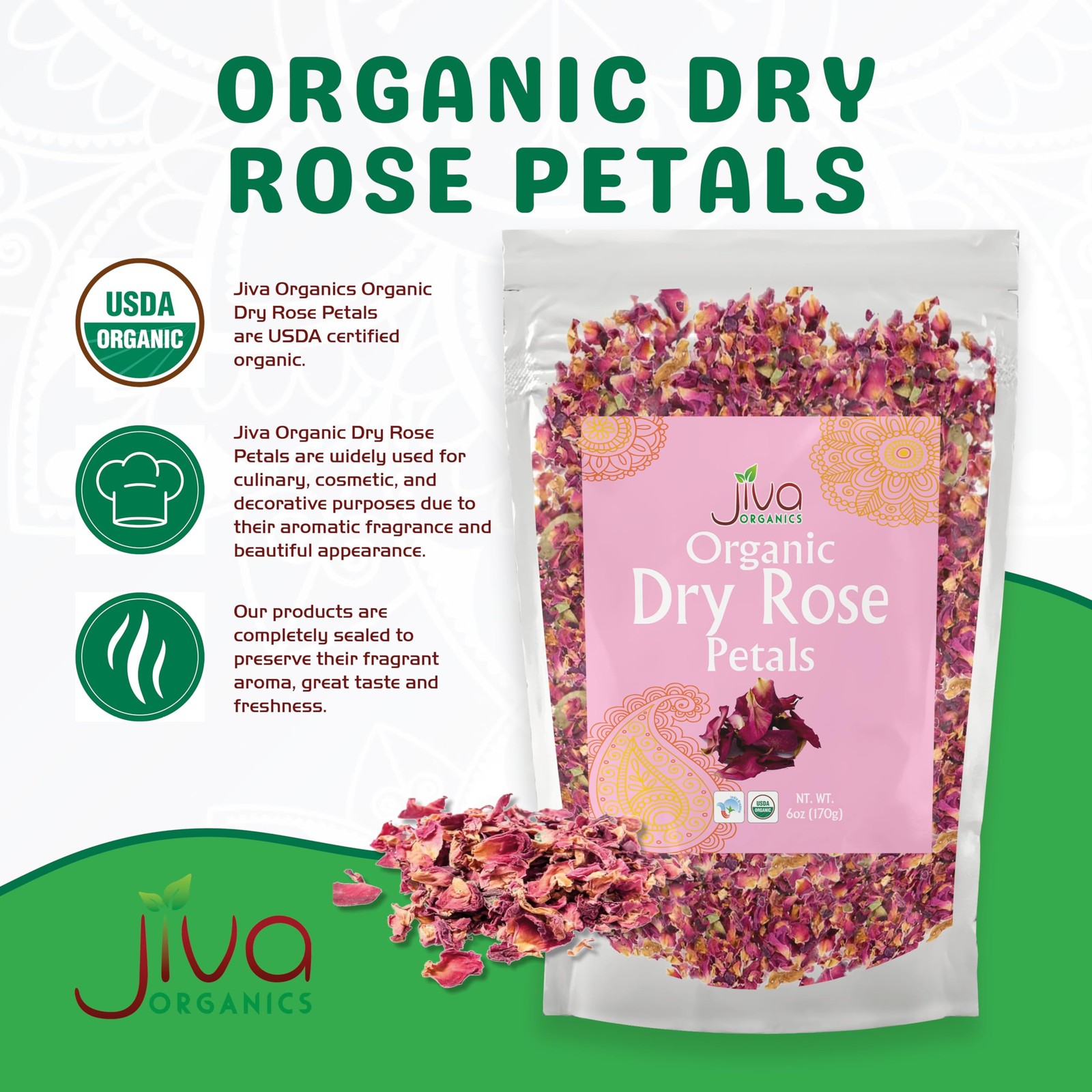 Jiva USDA Organic Dried Red Rose Petals 6 Oz (170g) Large Bag – Food Grade
