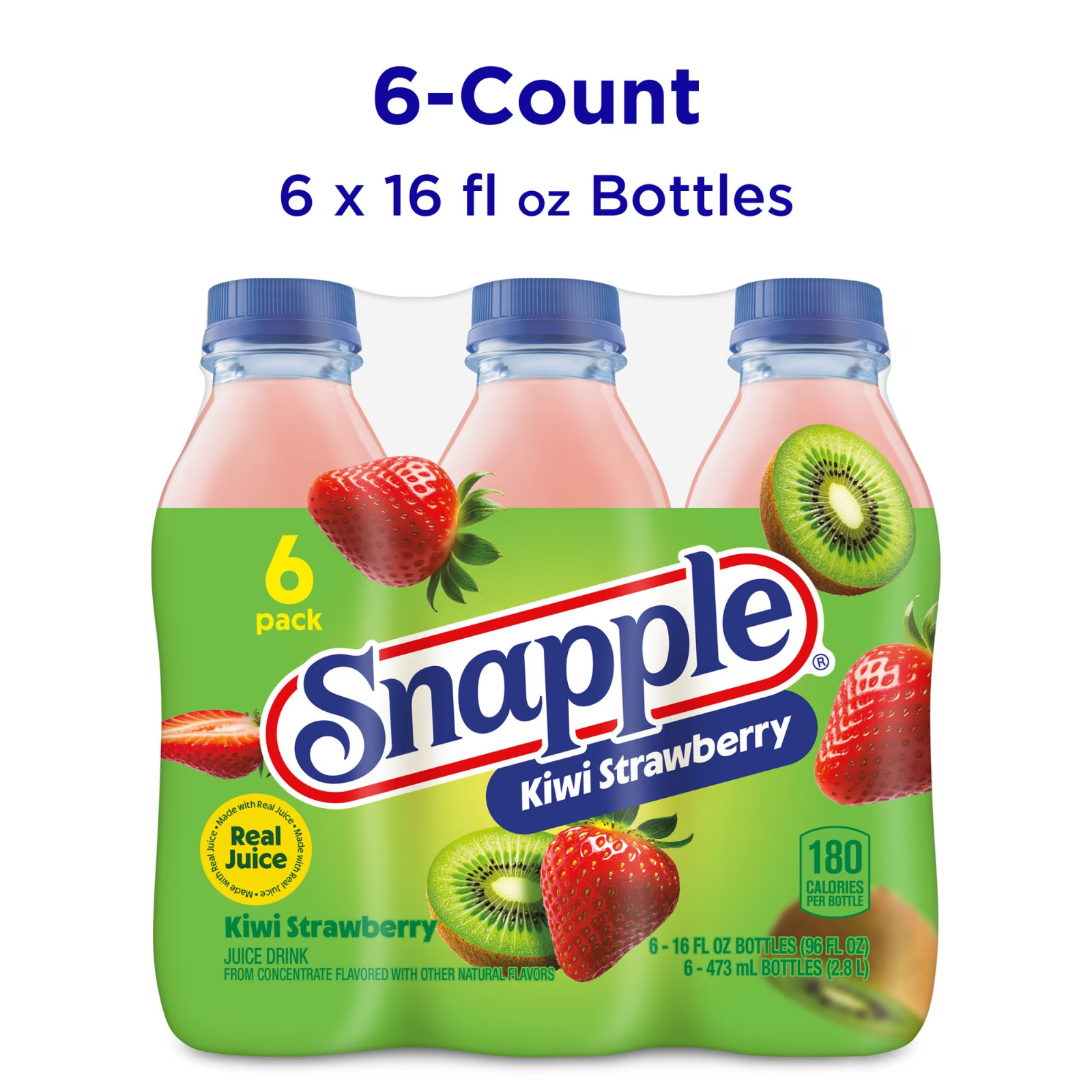 (2 pack) Snapple Kiwi Strawberry Juice Drink, 16 fl oz, 6 Count Bottle.