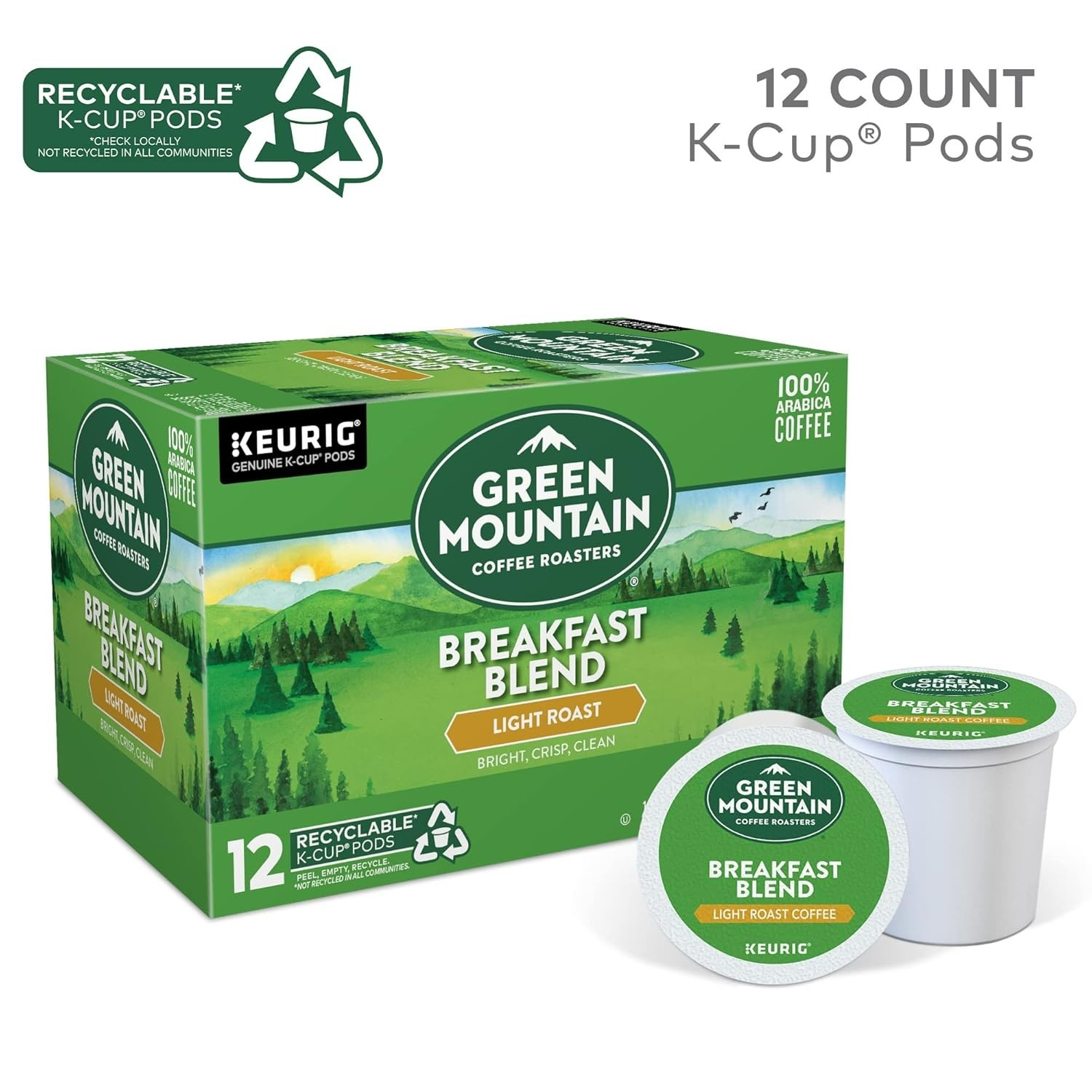 Green Mountain Breakfast Blend Light Roast K-Cup Pods – 12 Count – 1/2027+