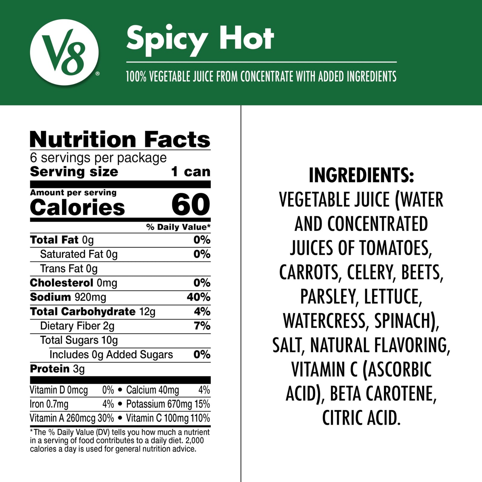 V8 Spicy Hot 100% Vegetable Juice, 11.5 fl oz Can (24 Pack)
