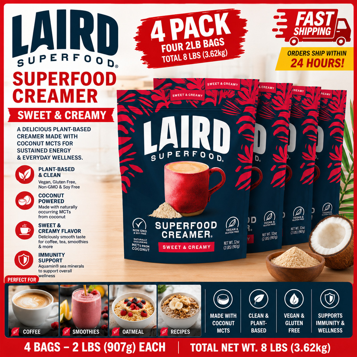4-Pack Laird Superfood Powder Coffee Creamer, Non-Dairy, Sweet and Creamy, 32 oz