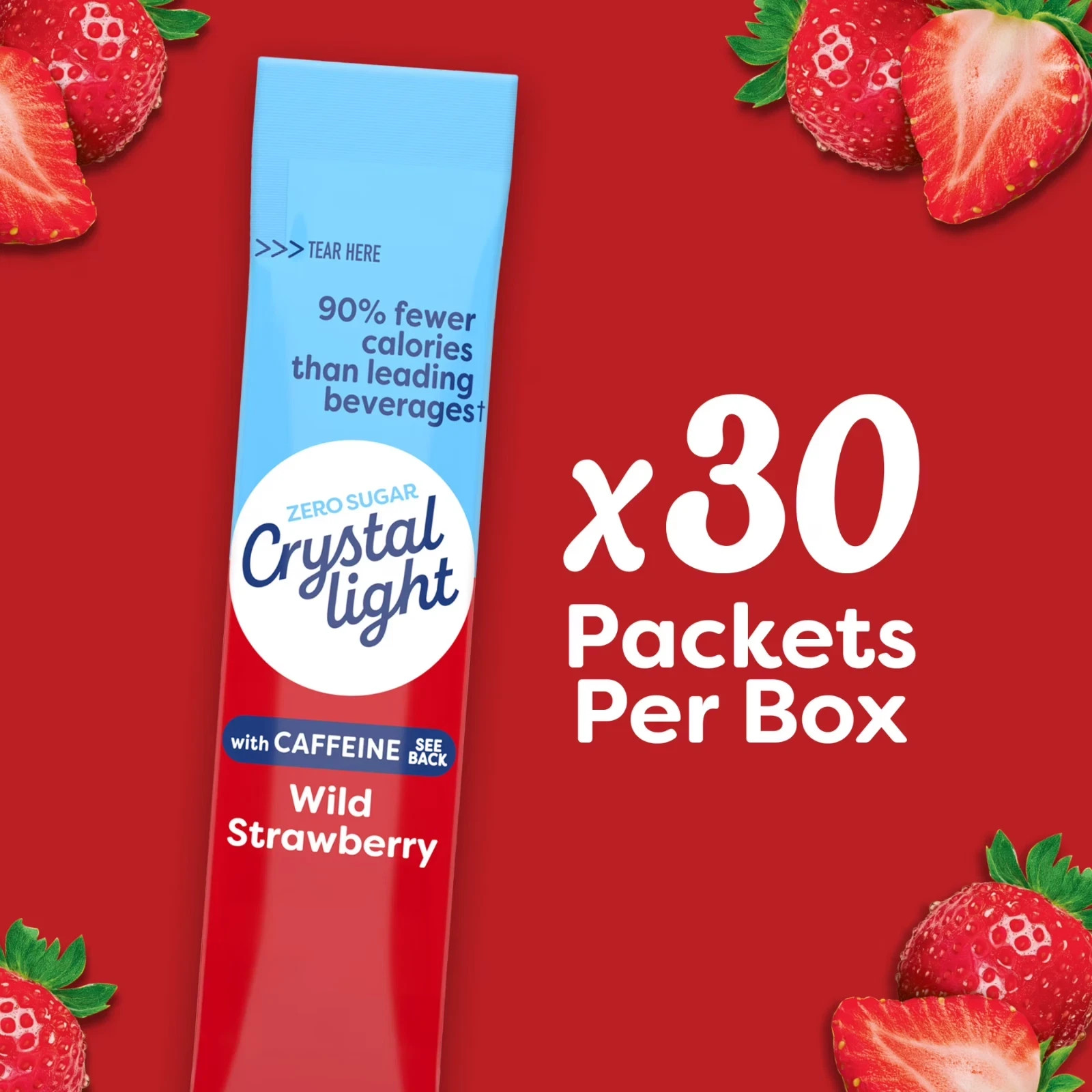 Crystal Light Wild Strawberry Sugar Free Drink Mix Singles with Caffeine, 30 ct