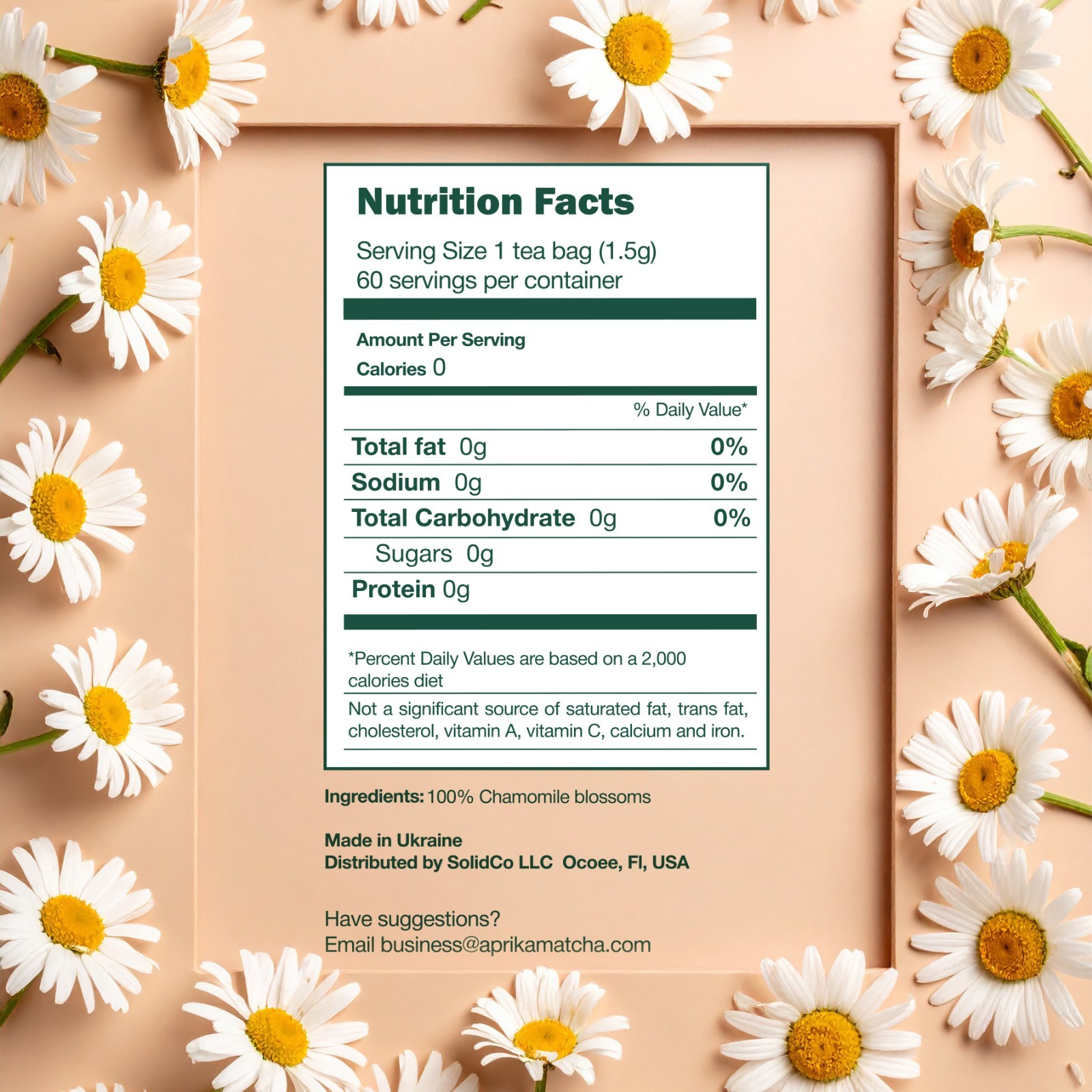 Pure Chamomile Tea – no stems, 100% Natural Herbal Tea, 60 bags, USA seller