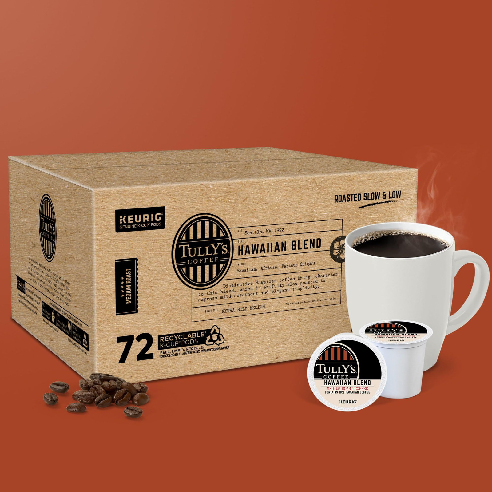 Tully’s Coffee Hawaiian Blend Keurig Single-Serve K-Cup 72 Count (Pack of 1)