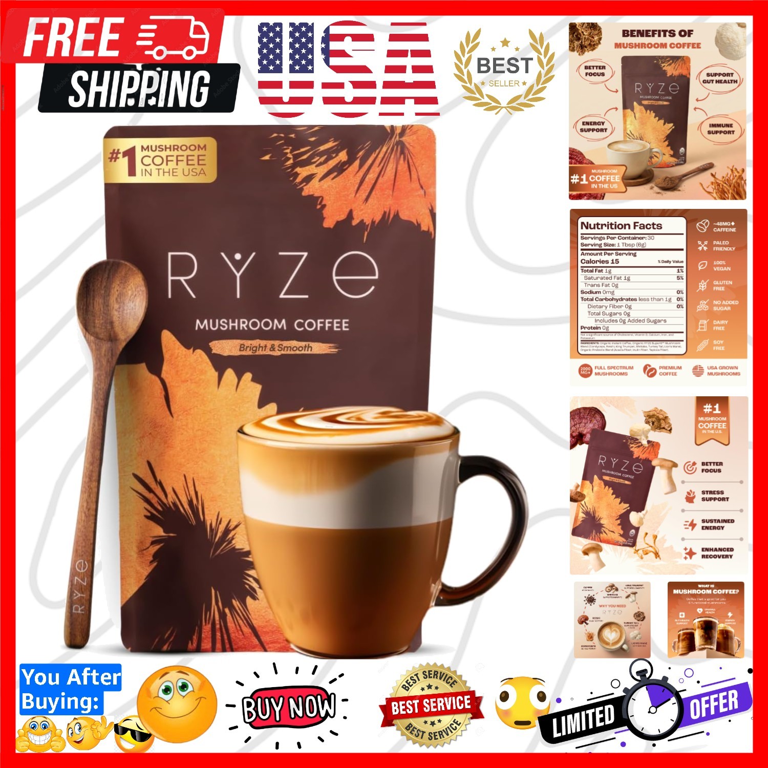 Mushroom Medium Roast Coffee USDA Organic with 6 Adaptogenic Mushrooms, Grow…