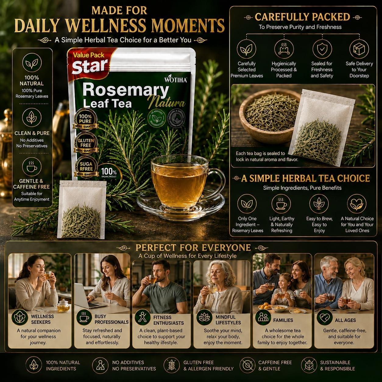 60 Count Premium Rosemary Leaf Tea Bags – 100% Pure Natural Rosemary Leaves