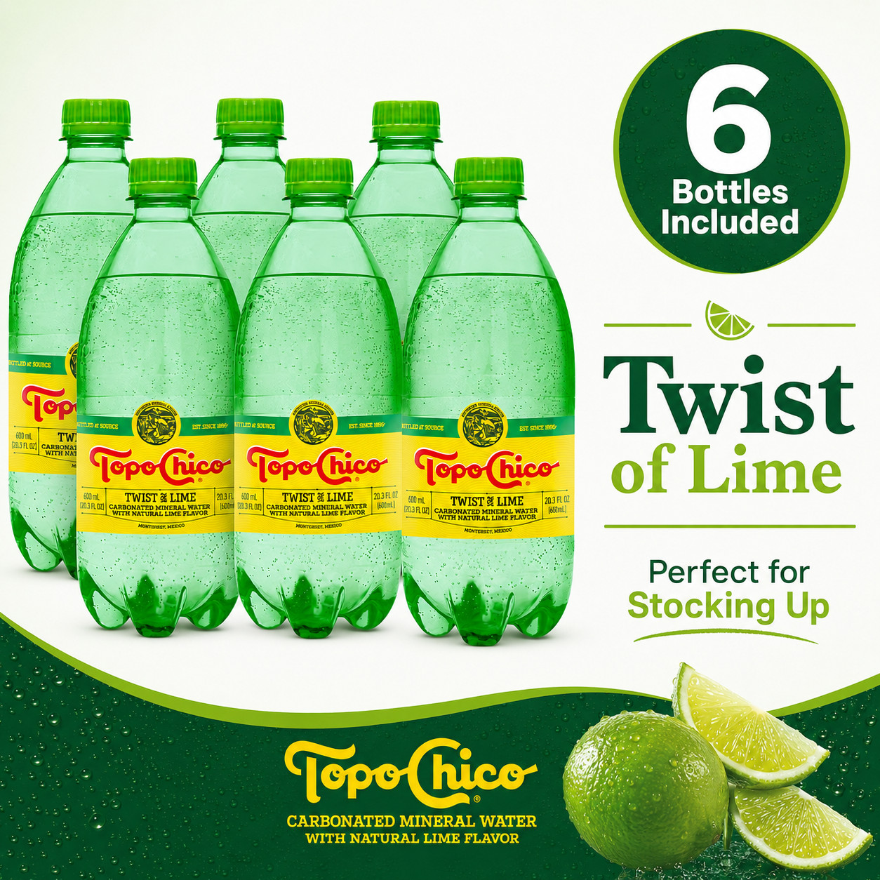 Topo Chico Twist of Lime Sparkling Mineral Water 20.3 Fl Oz Bottles 6 Pack