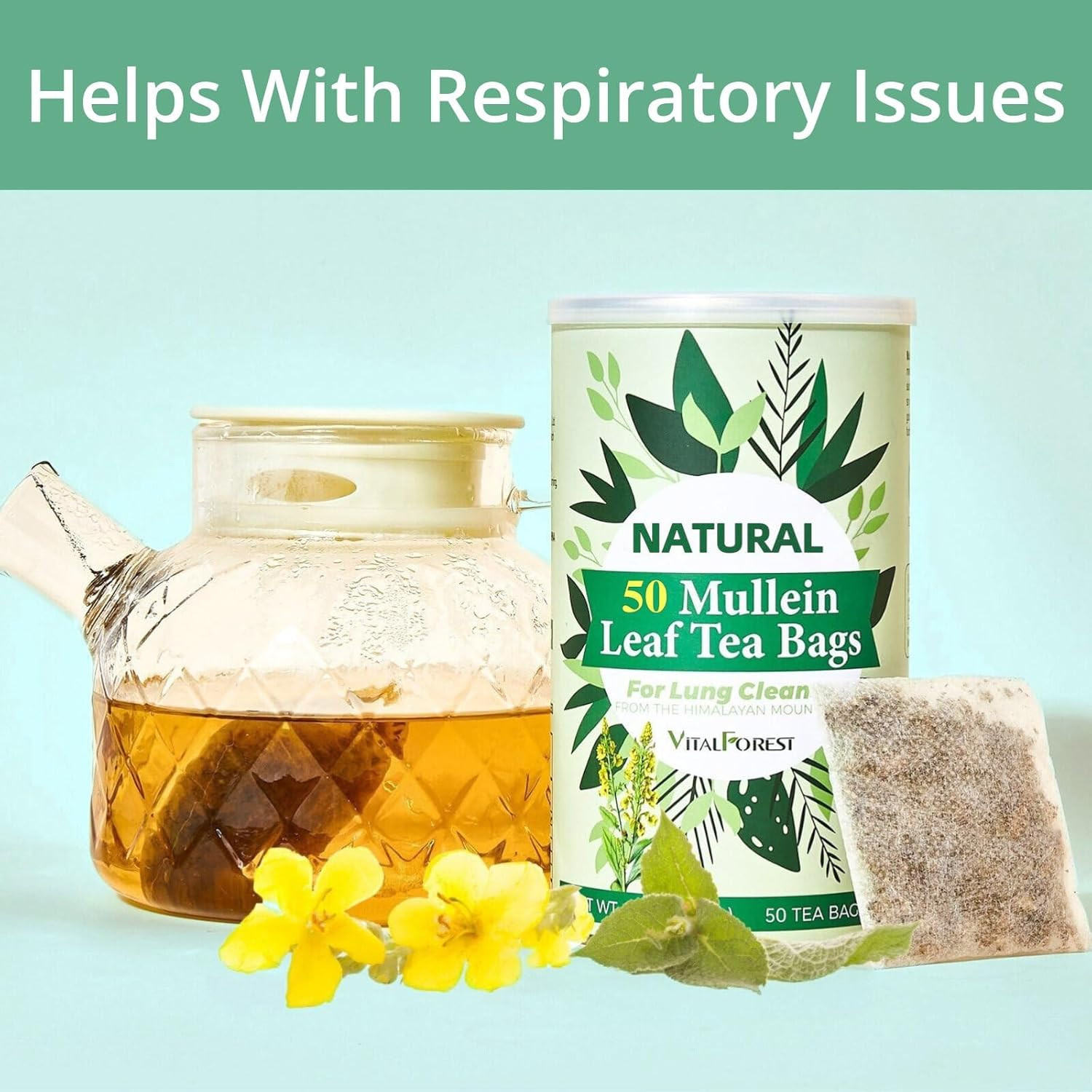 50 Mullein Tea Bags for Lungs, 100% Pure Mullein Leave Tea, Lung Detox Cleanse