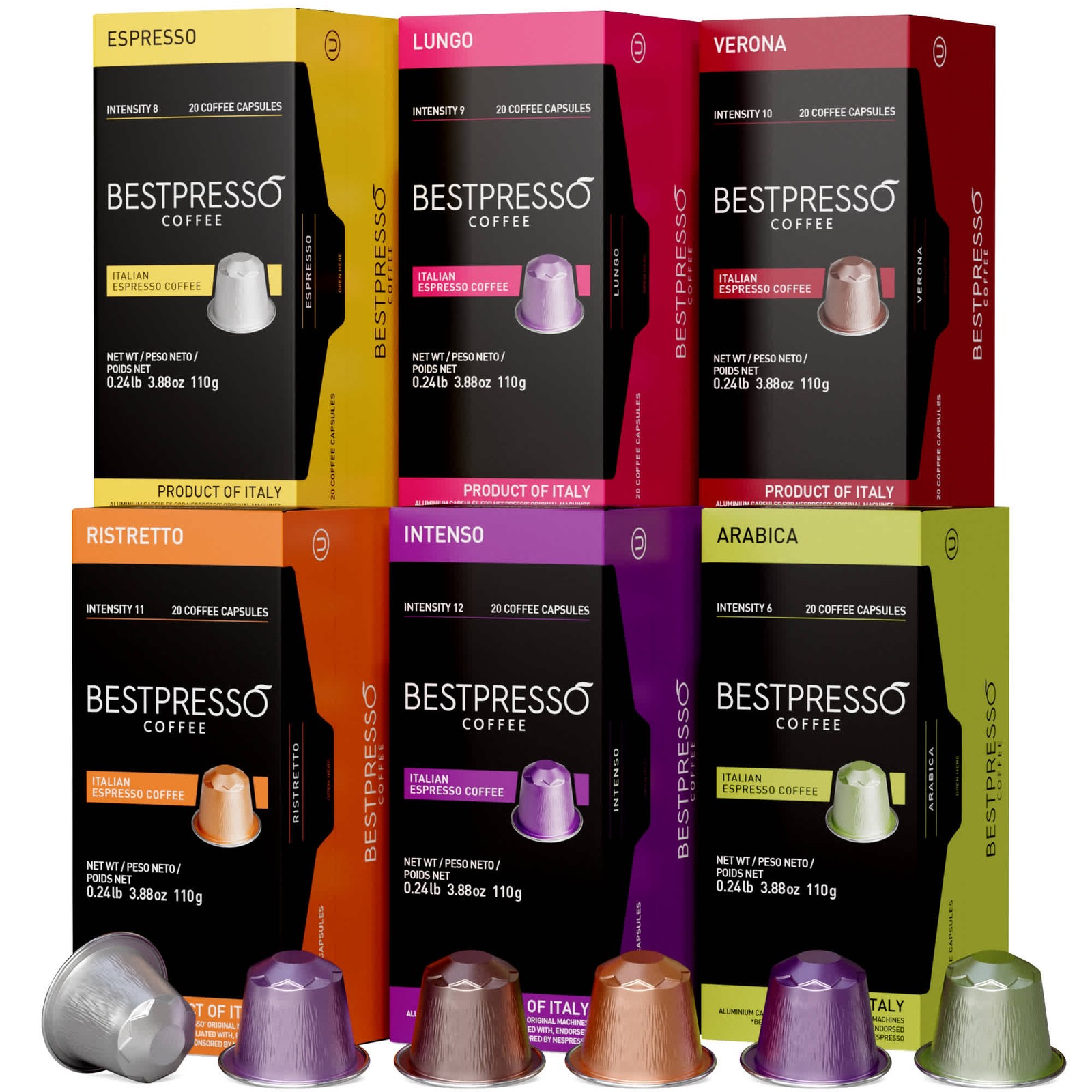 Bestpresso Coffee for Nespresso Machine 120 pods Espresso – 6 Variety Flavors