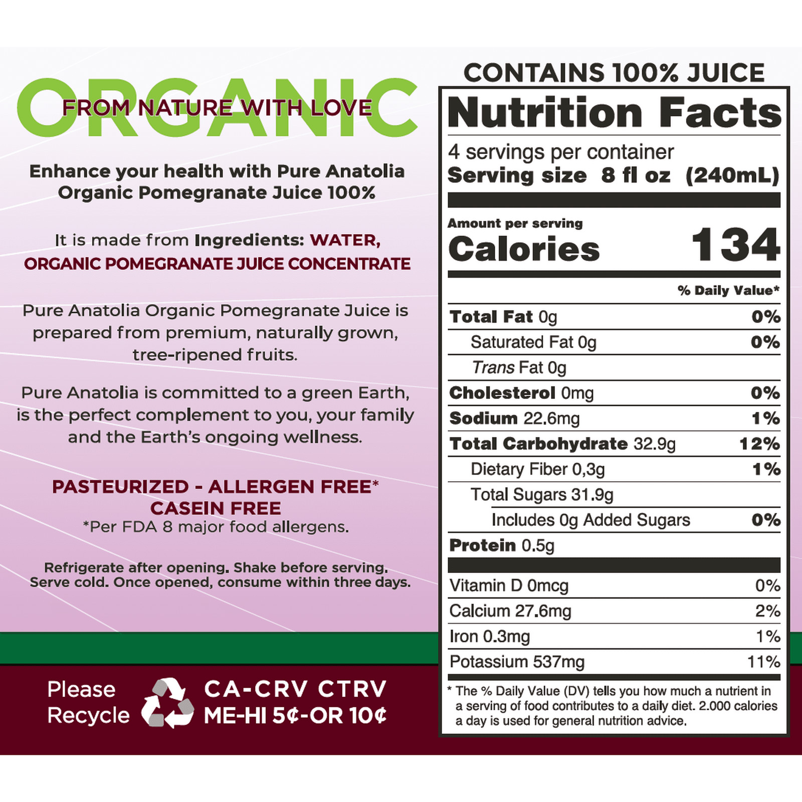 Pure Anatolia Organic Pomegranate Juice 32 fl oz – 100% Pure Juice from Pomegran