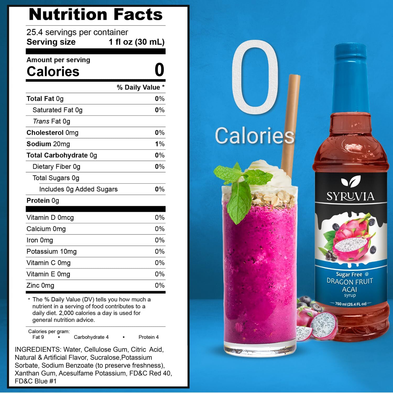 Syruvia Sugar Free Dragon Fruit Acai Syrup 25.4 fl oz, for Drinks & More