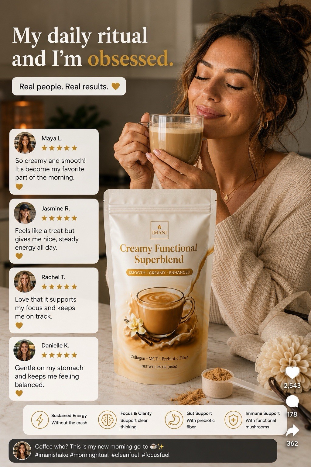 4-PACK Superfood Creamer Mushroom & Probiotics Vanilla Collagen Focus/energy/gut
