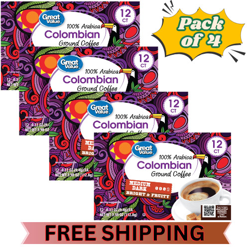 4x Great Value 100% Arabica Colombian Medium Dark Roast Ground Coffee Pods 12 Ct
