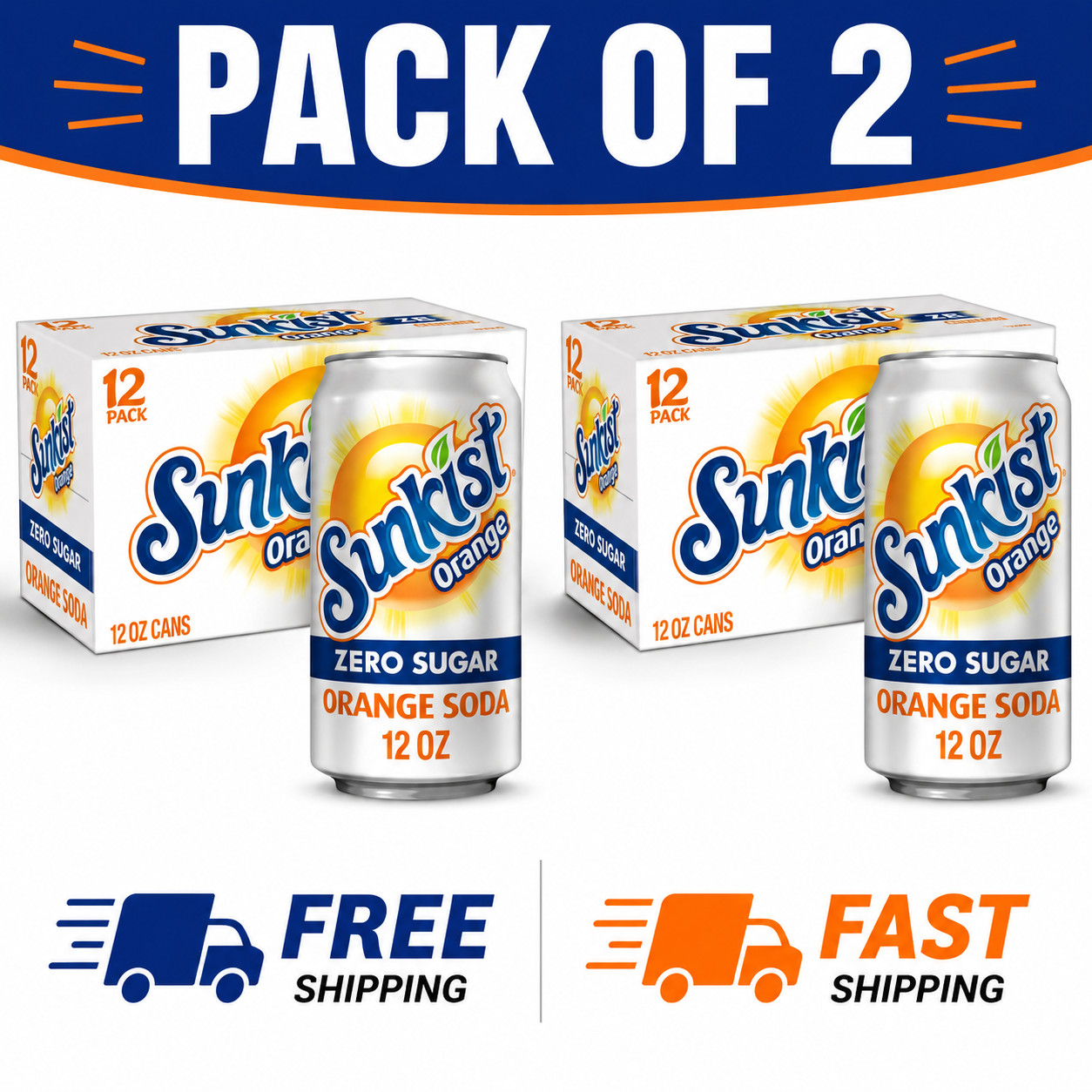 Sunkist Zero Sugar Orange Soda Pop 24 Cans 12 oz 2 Pack
