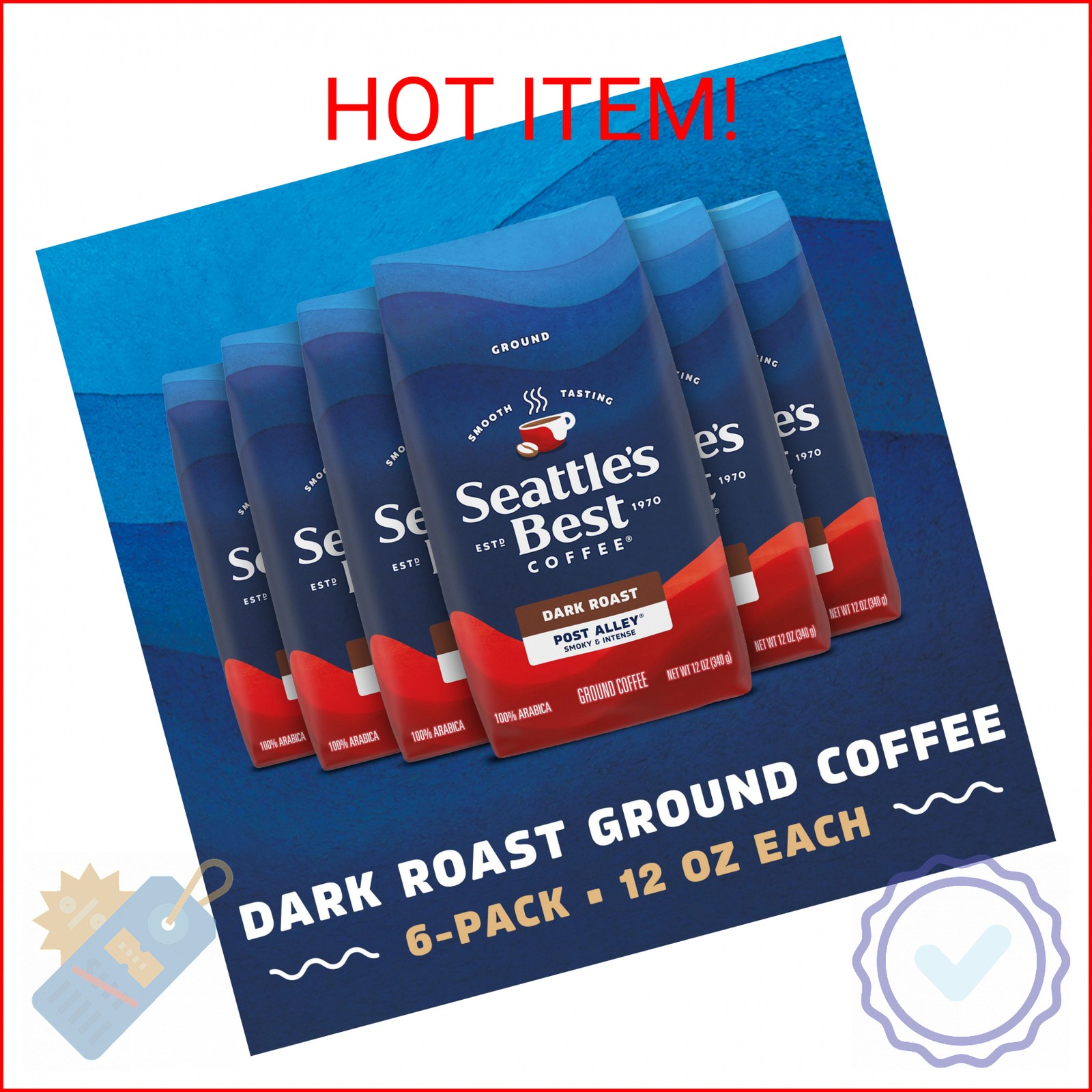 Seattle’s Best Coffee Ground Coffee Post Alley Dark Roast, 6 Bags 12 oz