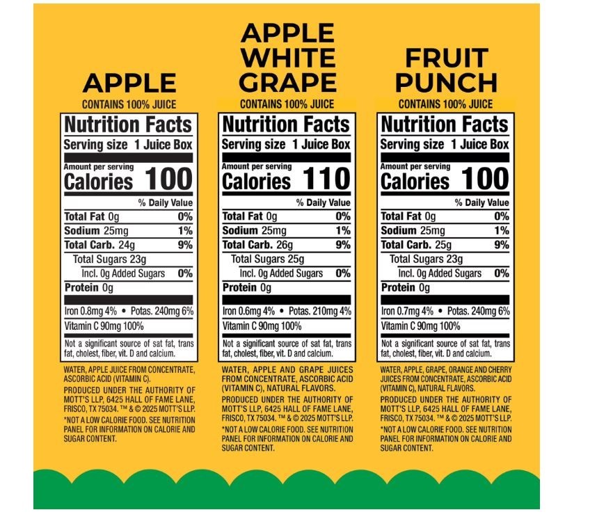Mott’s 100percent Apple Juice Variety Pack, 6.75 fl oz, 32 Count Boxes.