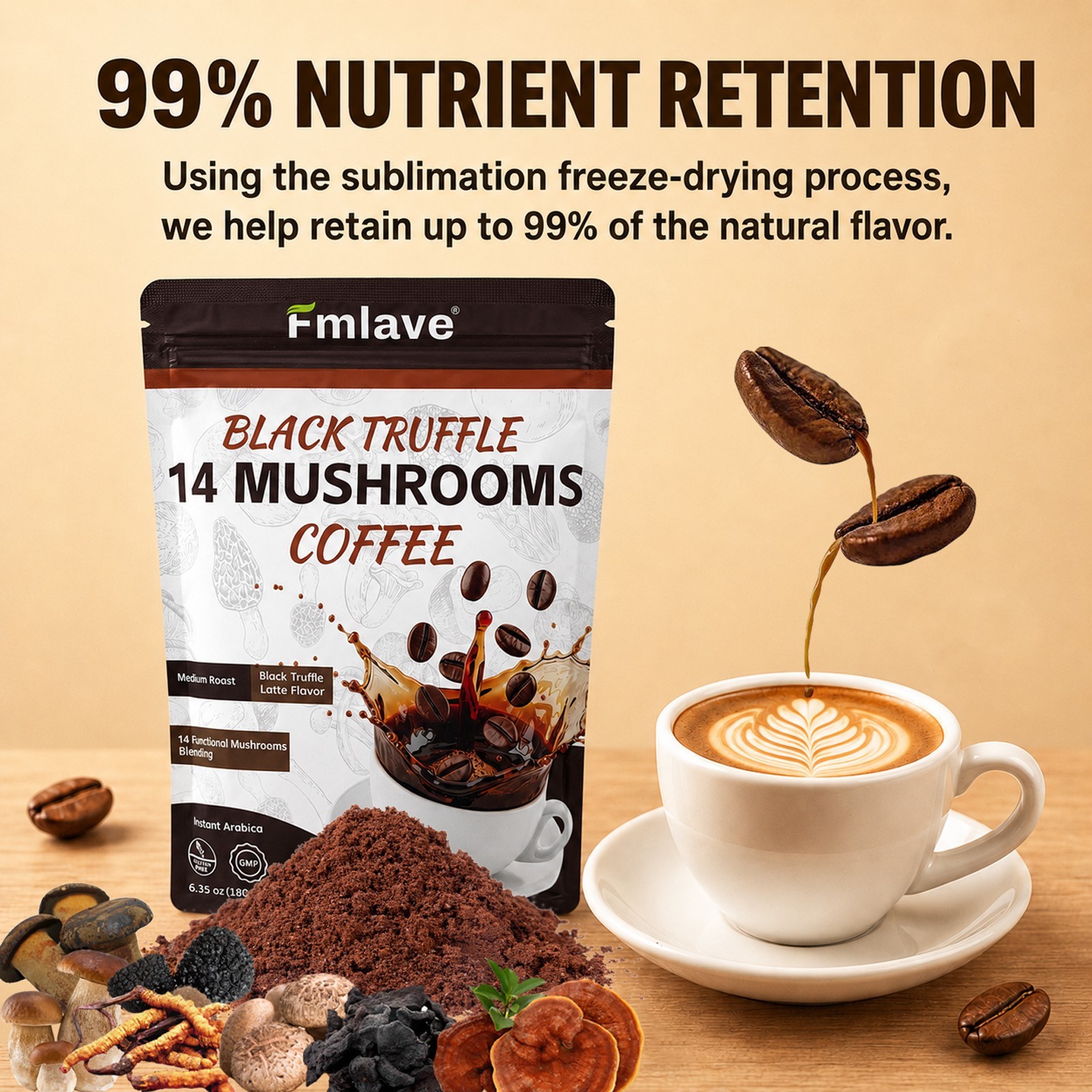 3pc Organic Mushroom Coffee – 14 Mushroom Blend for Focus & Energy Boost 54servs