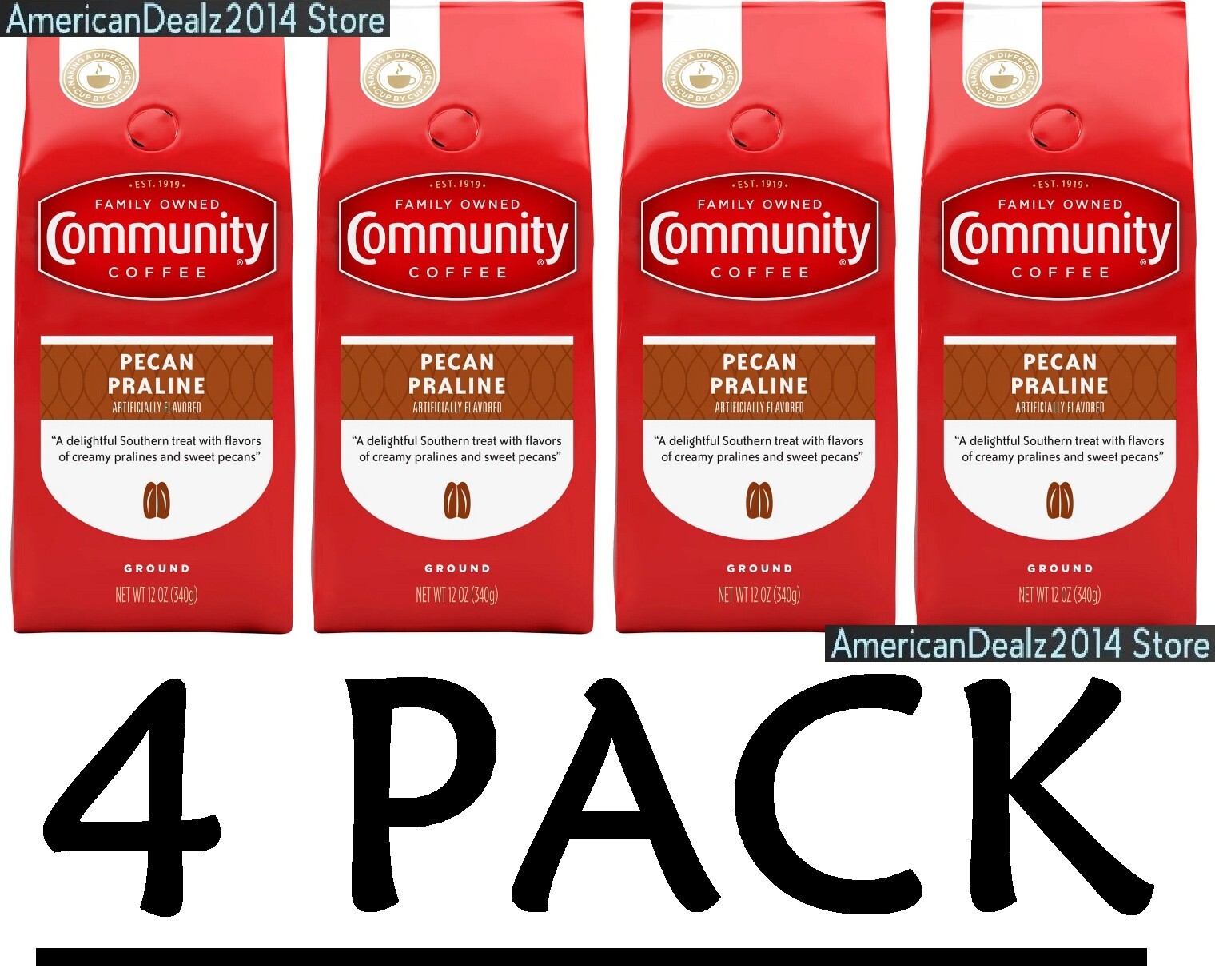 4 PACK – Community Coffee Pecan Praline Medium Roast Ground 12 oz (Total 48 oz)