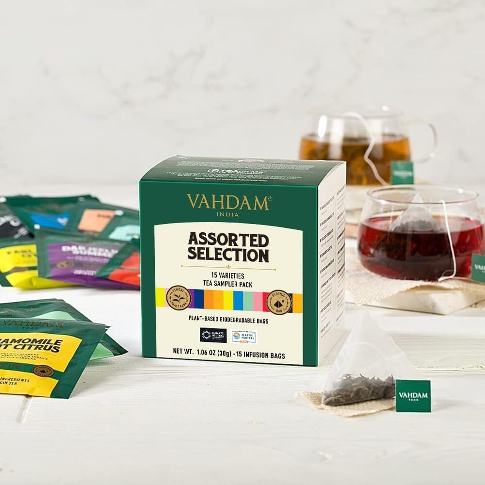 VAHDAM, Assorted Tea Sampler (15 Different Variety in Individually Wrapped