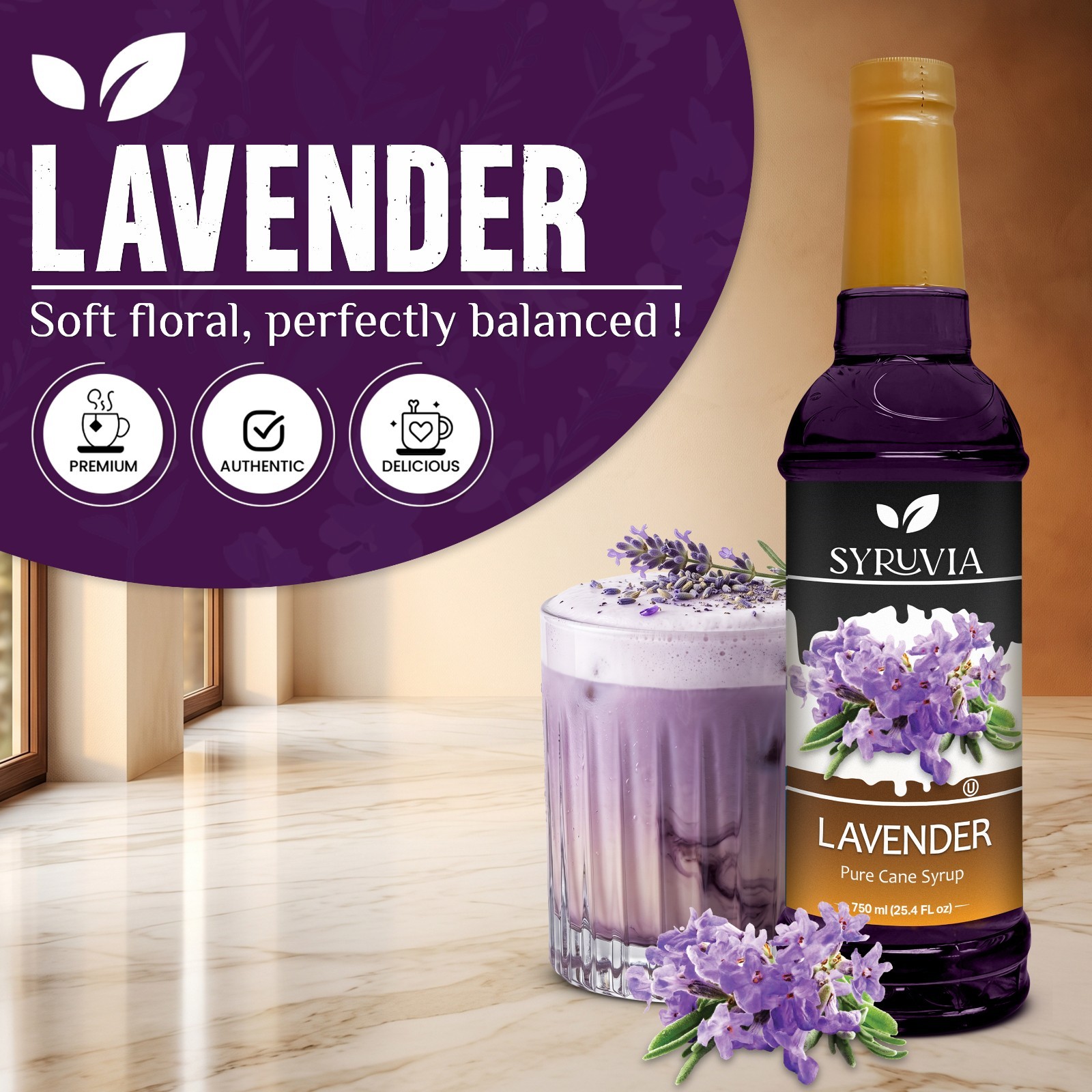 Syruvia Lavender Coffee Syrup 25.4 fl oz, Kosher, Gluten-Free, for Lattes & More