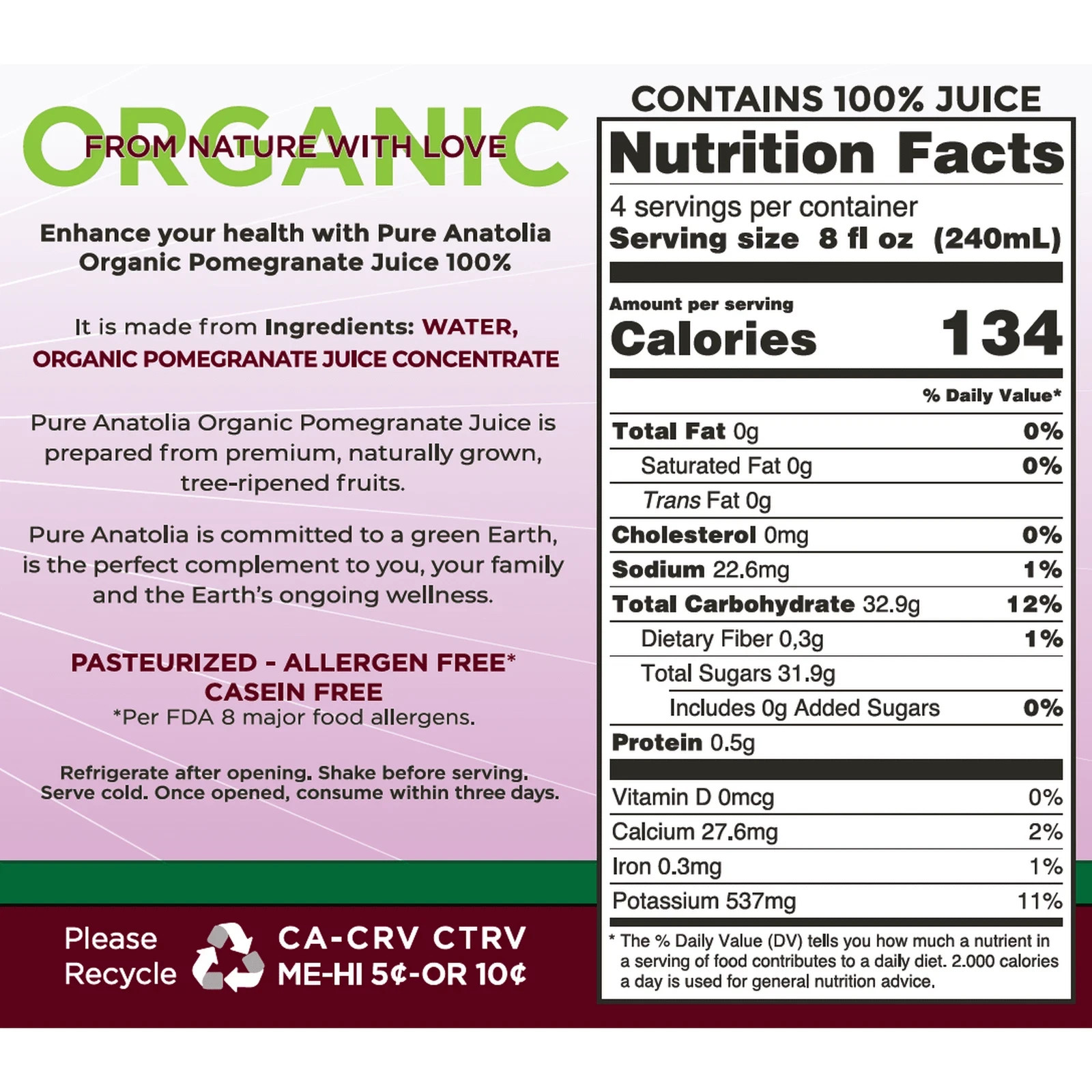 Pure Anatolia Organic Pomegranate Juice 32 fl oz – 100% Pure Juice from Pomegran