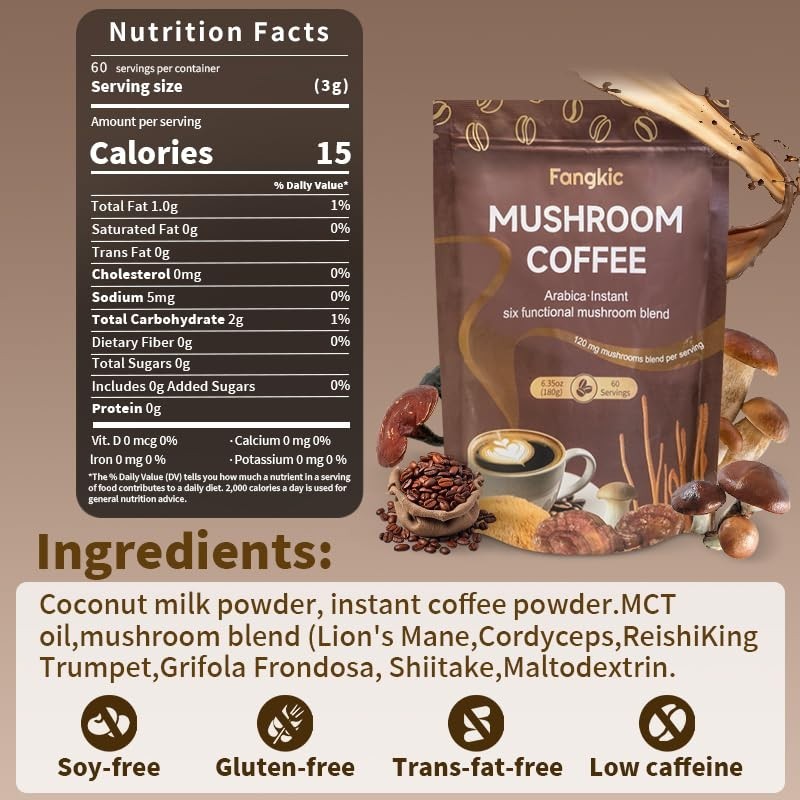 “Instant Organic Mushroom Coffee, 6.35oz (60 Servings) 6 in 1 Medium Roast Cof..