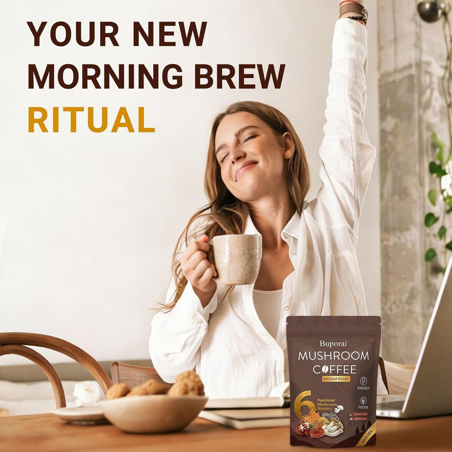 Mushroom Coffee, Instant Mushroom Coffee Organic with 6 Mushrooms Lion’s Mane,