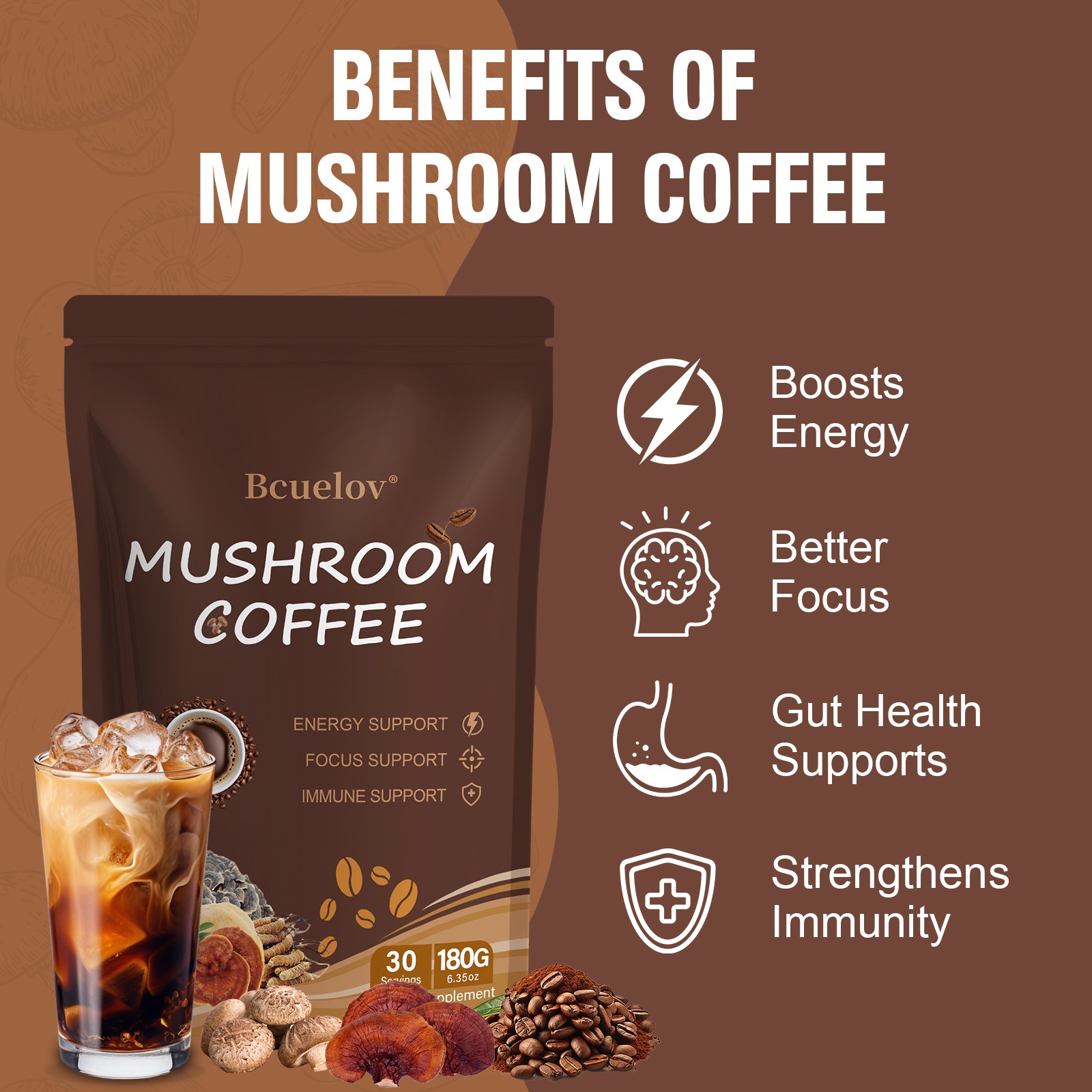 Instant Herbal Coffee Blend 30 Servings Arabica Powder Drink Mix 6.35oz Pouch