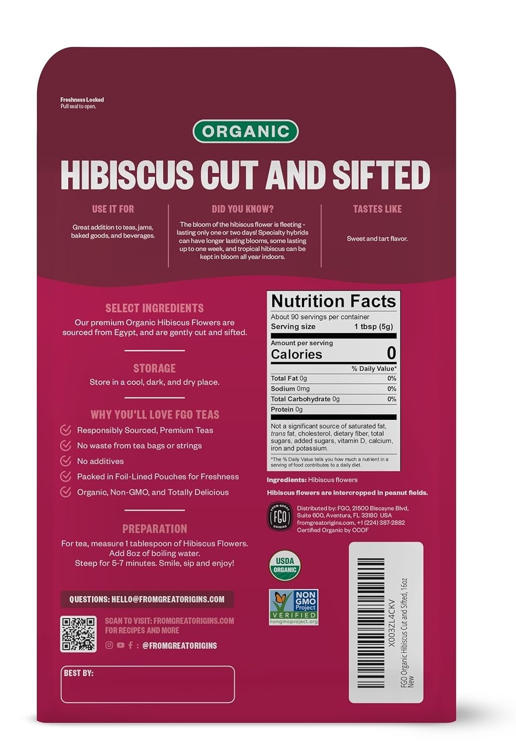 Organic Cut & Sifted Hibiscus Flowers – 16oz Resealable Bag, Imported from Egypt