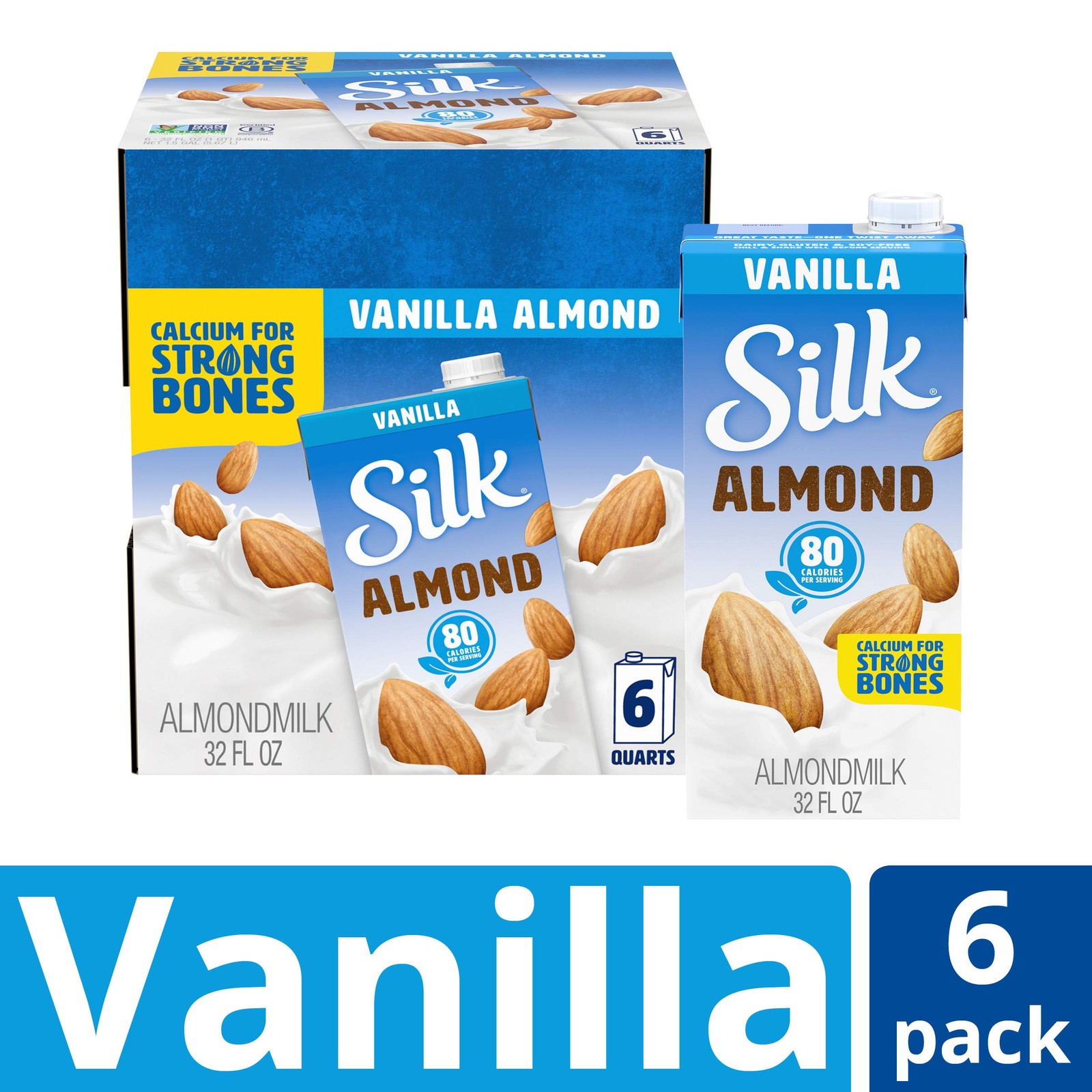 Shelf-Stable Almond Milk, Vanilla, 32 Fl Oz (Pack of 6), Blue