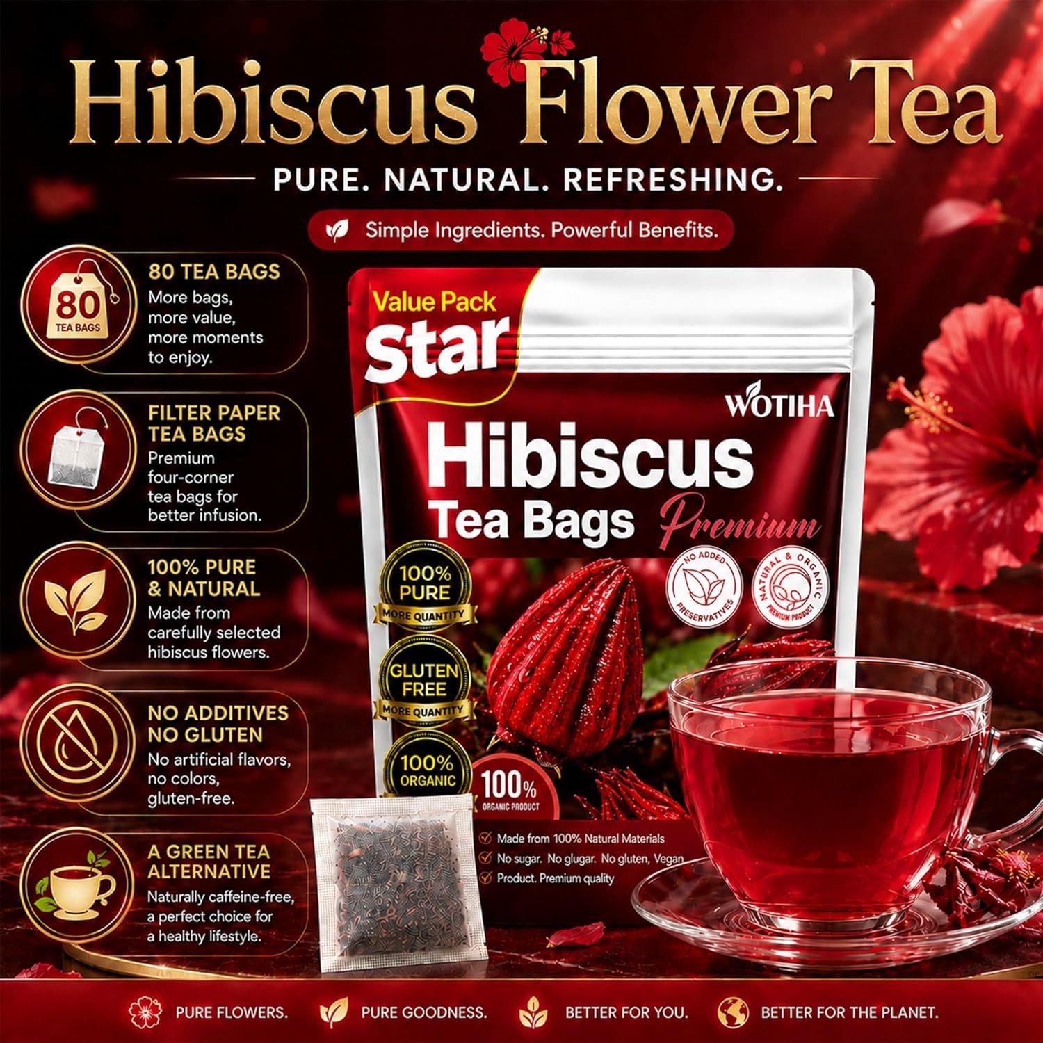 Premium 80 Hibiscus Flowers Tea Bags, 100% Natural, Handmade & Pure from Hibi