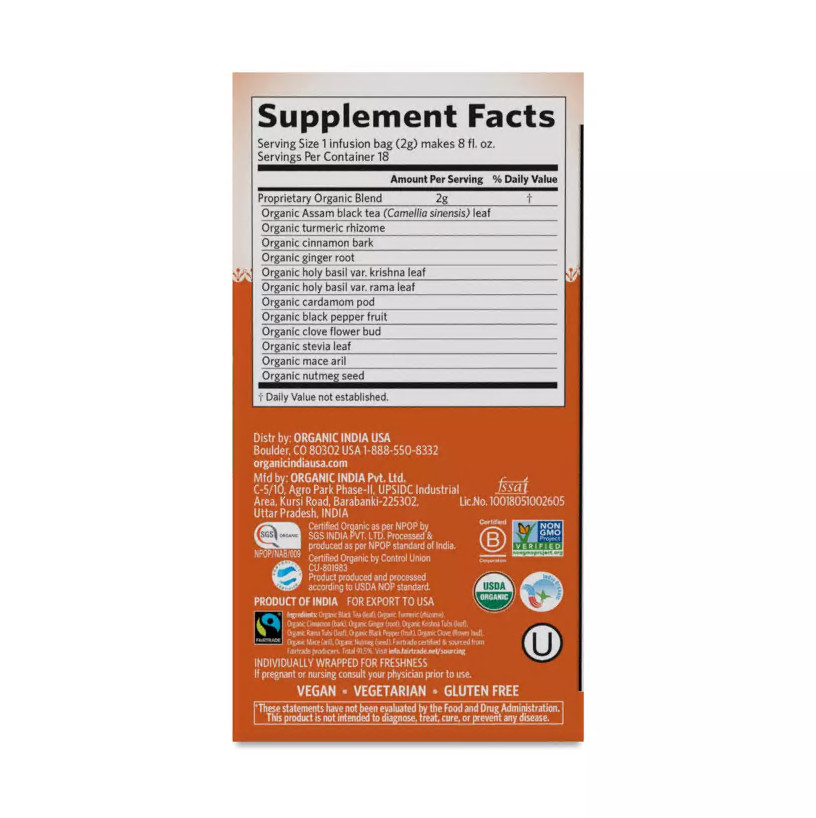 Organic India Tulsi Tumeric Chai 18 count (pack of 3)
