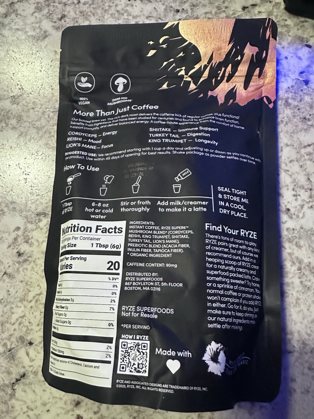RYZE Mushroom Coffee Rich & Robust Dark Roast Vegan, 20 Calories/Serving