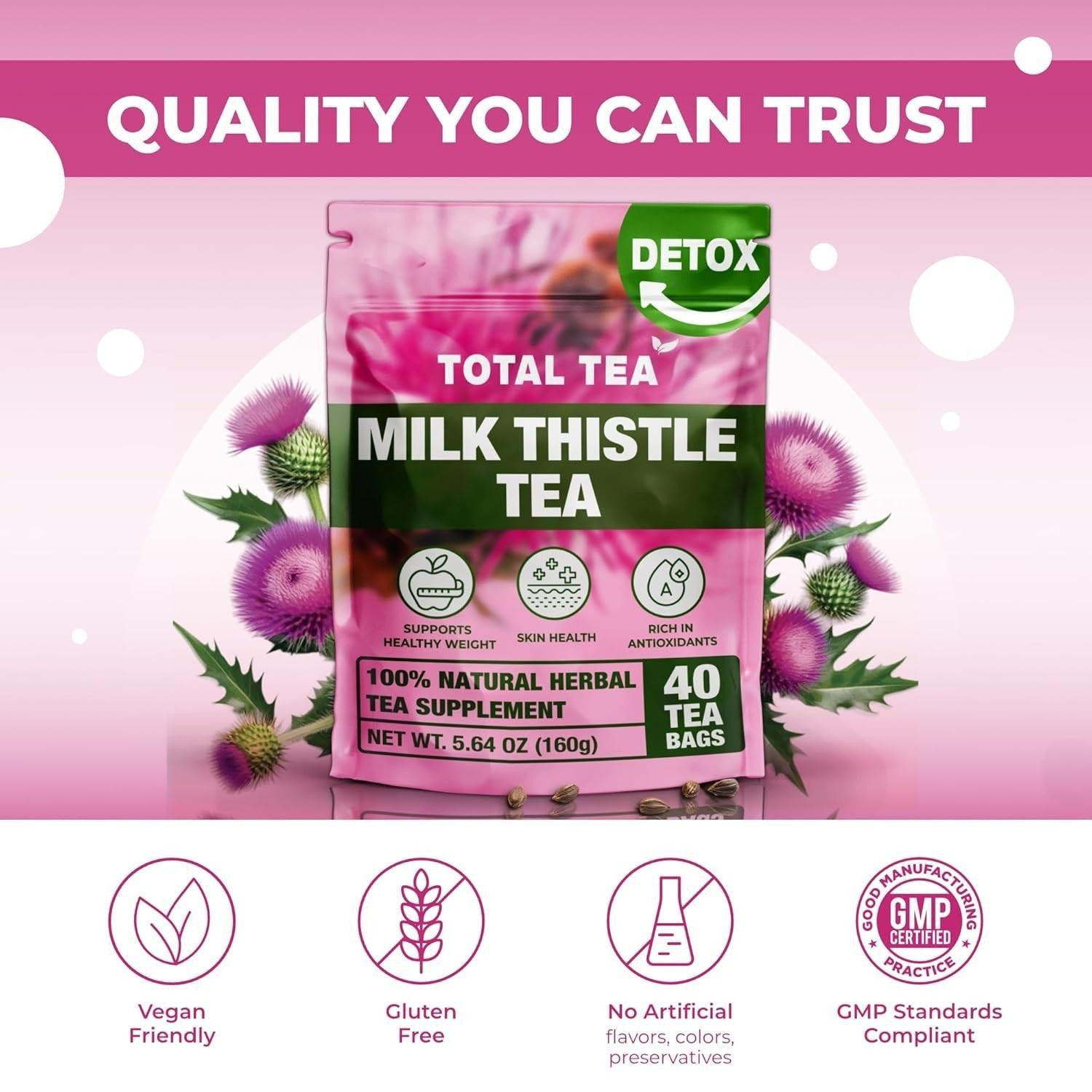 100% Natural Milk Thistle Tea for Liver Cleanse & Digestive Health – 40 Bags
