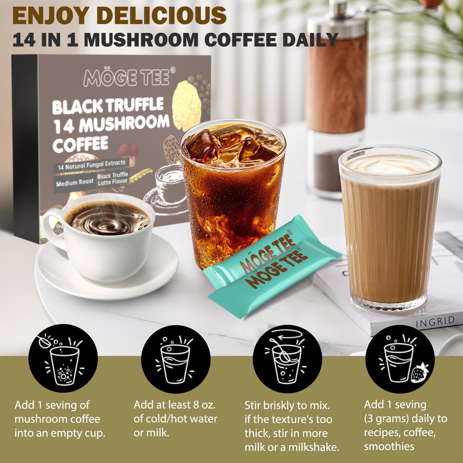 Organic Mushroom Coffee Instant Coffee, 14 Mushroom Extract Energy & Brain Boost